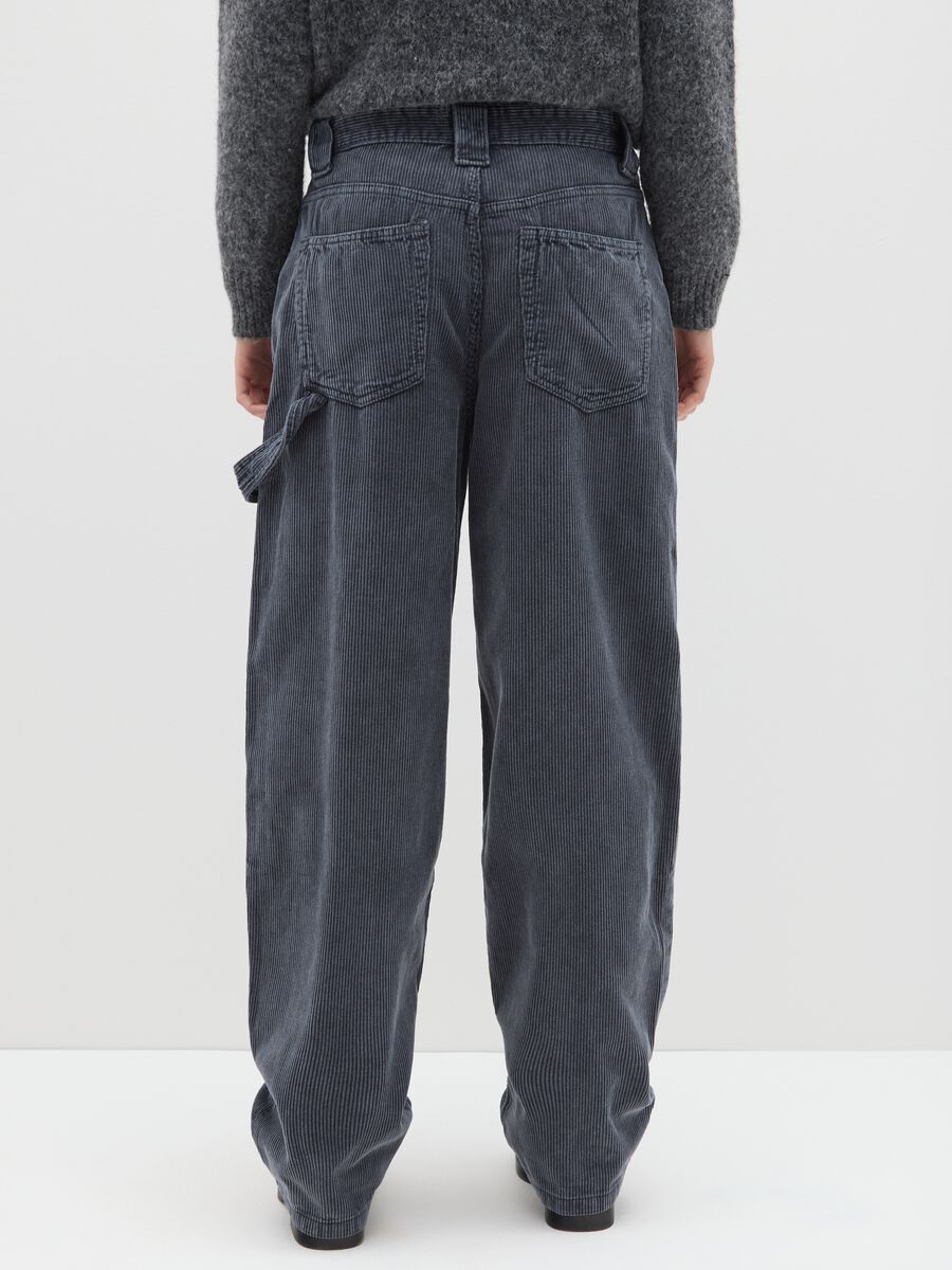 Pantaloni baggy blu scuro in puro cotone a coste relaxed fit_3
