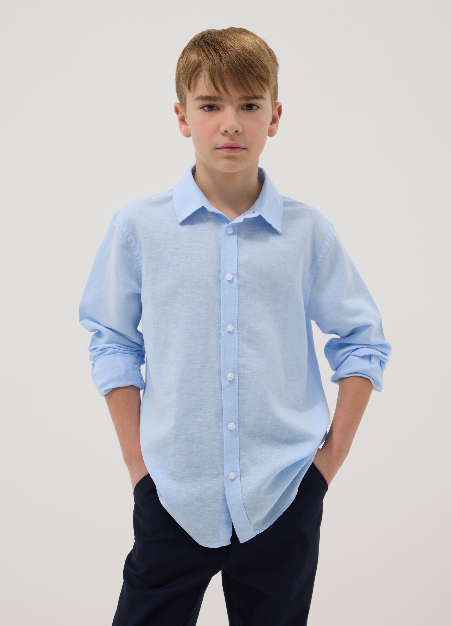 Boy's blue regular fit linen and cotton blend shirt