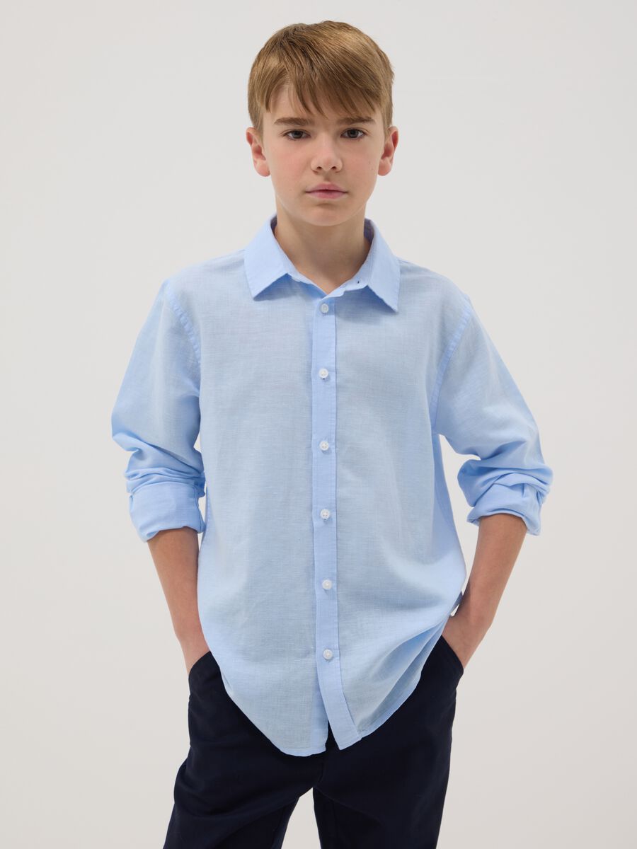 Boy's blue regular fit linen and cotton blend shirt_0