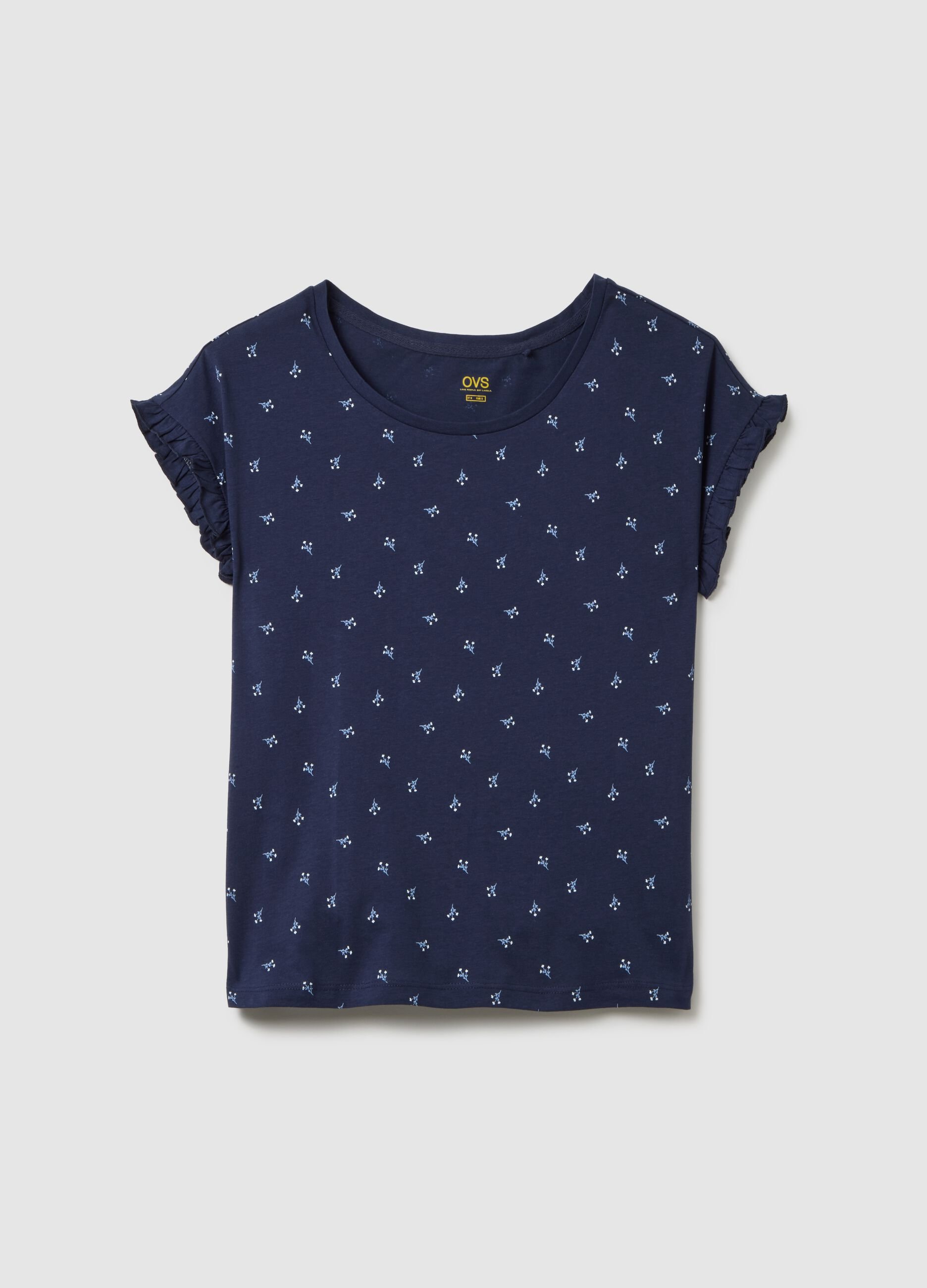Blue pure cotton regular fit t-shirt with ruffles