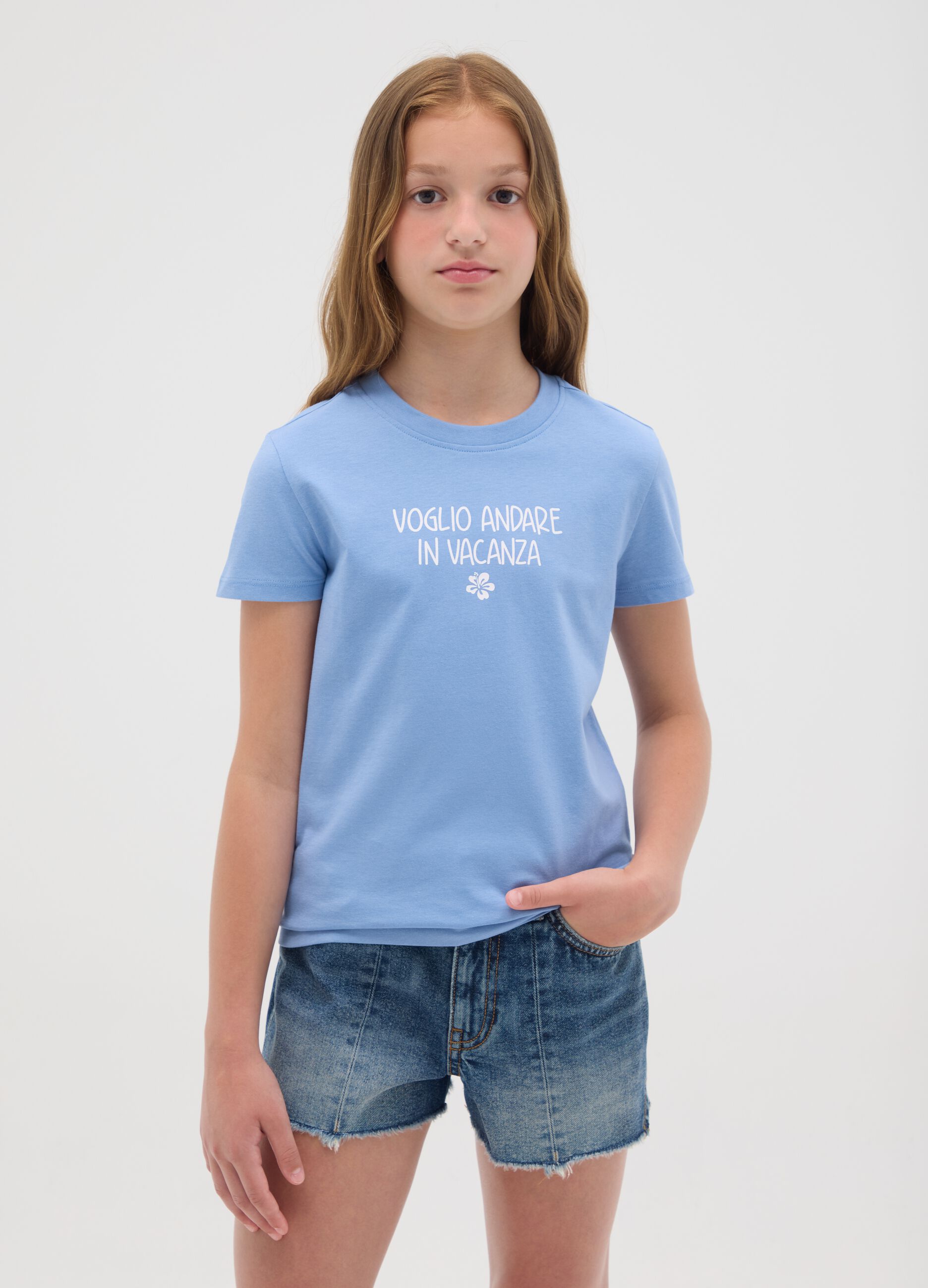 Girls' blue cotton T-shirt regular fit with print