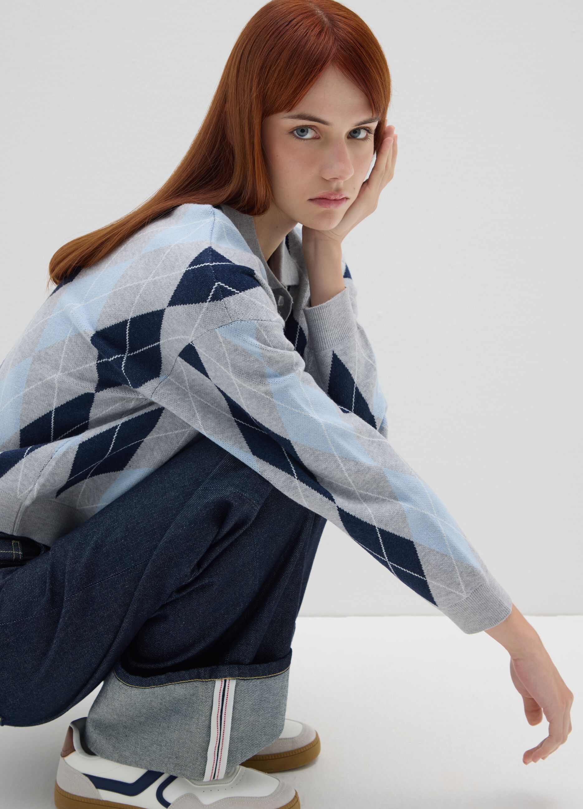 Grey and blue checkered regular fit sweater