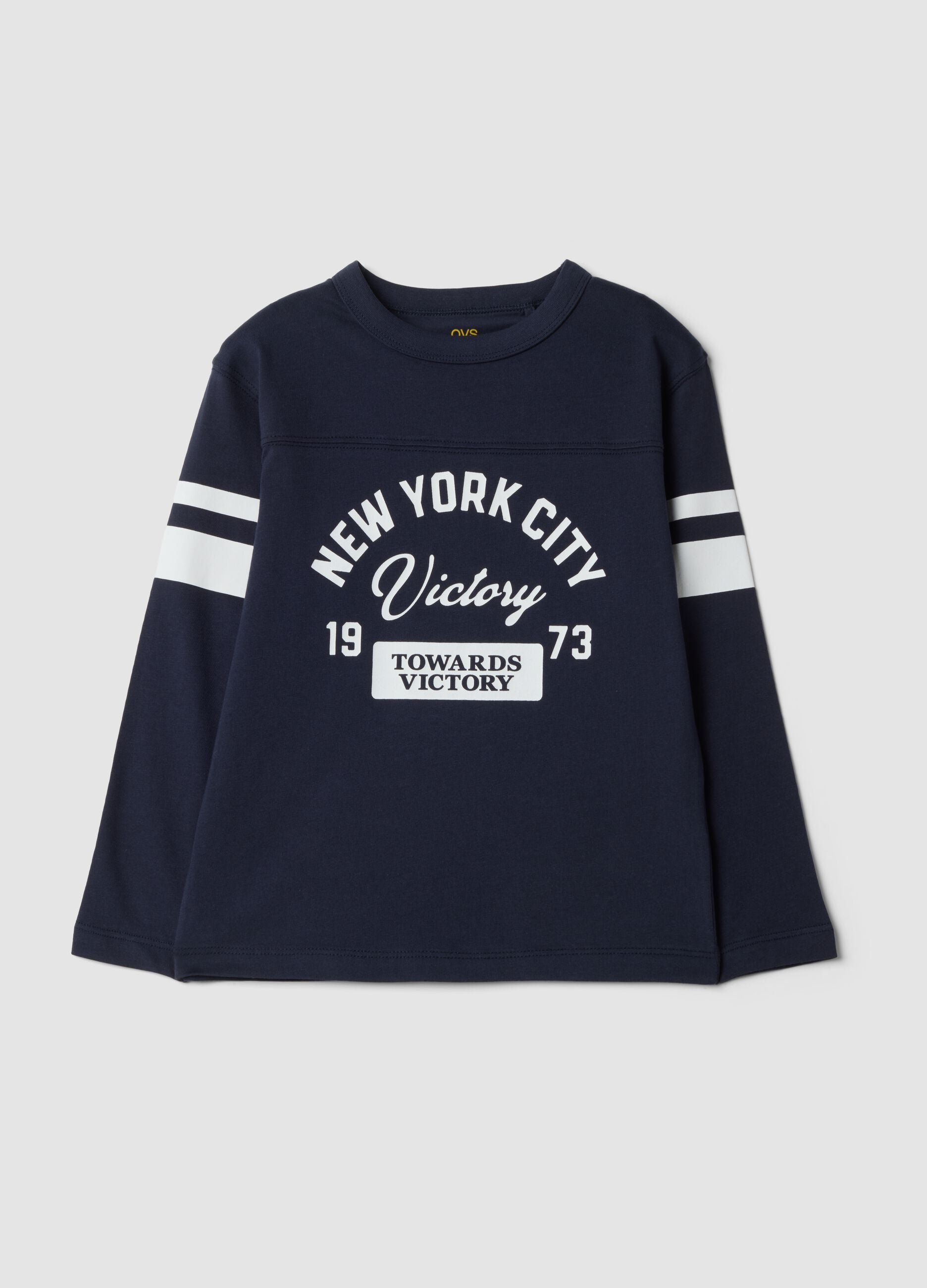 T-shirt blu in puro cotone con stampa college regular fit