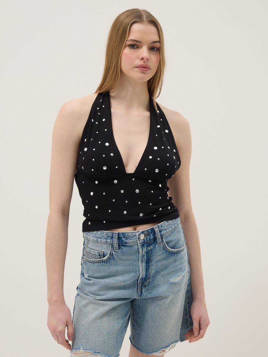 Black stretch cotton regular-fit tank top with deep neckline_1