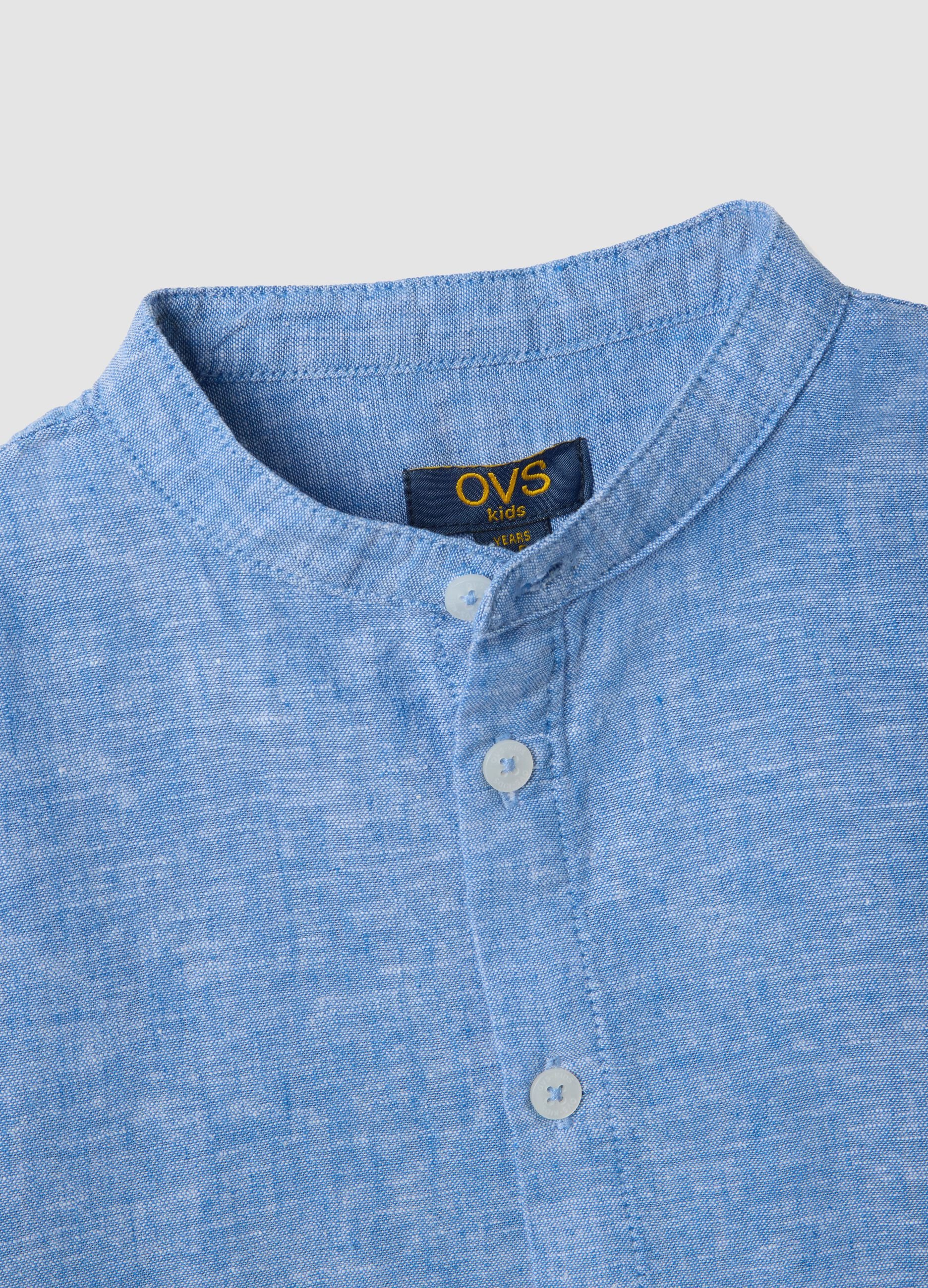 Boys&rsquo; blue linen and cotton-blend shirt with Mandarin collar, regular fit