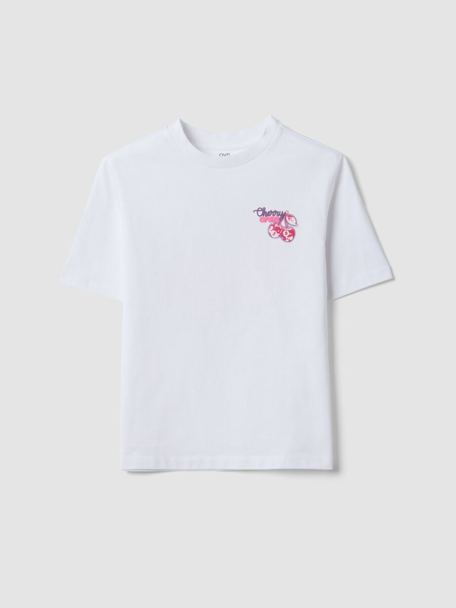 T-shirt bianca in puro cotone con collo a costine e stampa ciliegie_0