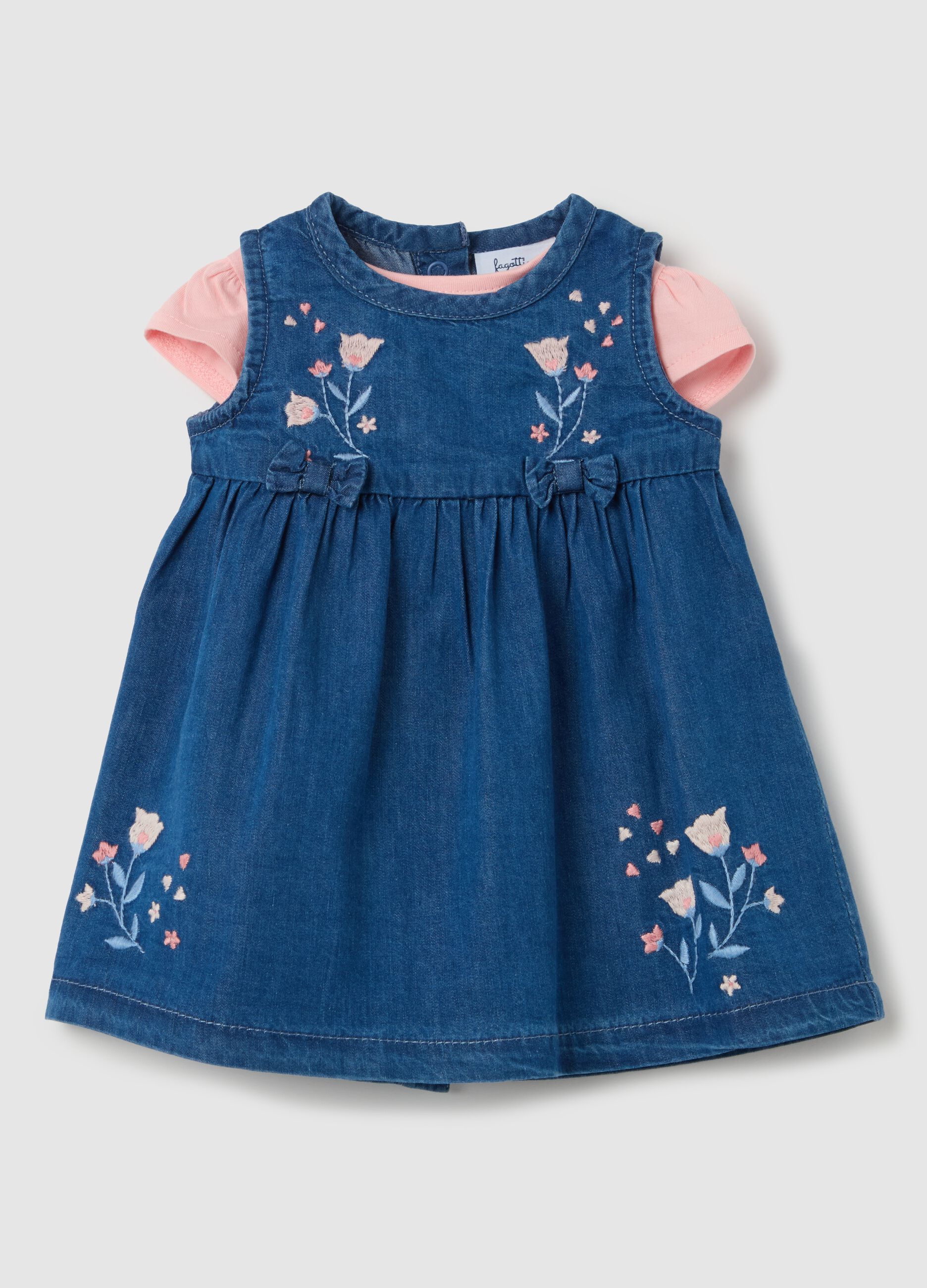 Cotton T-shirt and denim dress set with embroidery