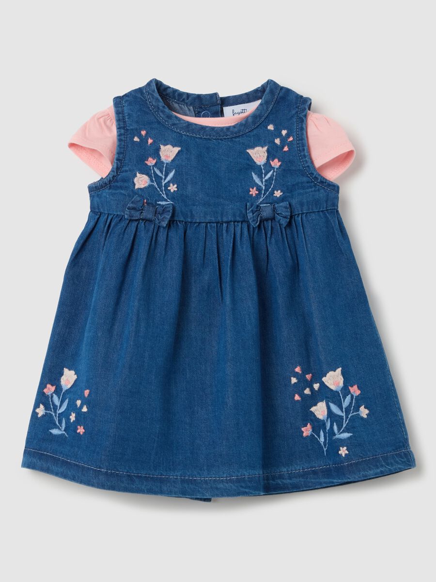 Cotton T-shirt and denim dress set with embroidery_0