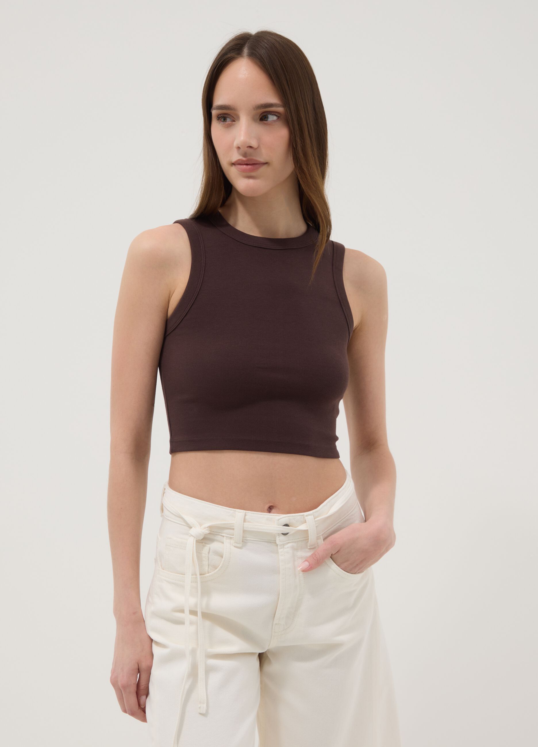 Brown cotton-stretch cropped tank top