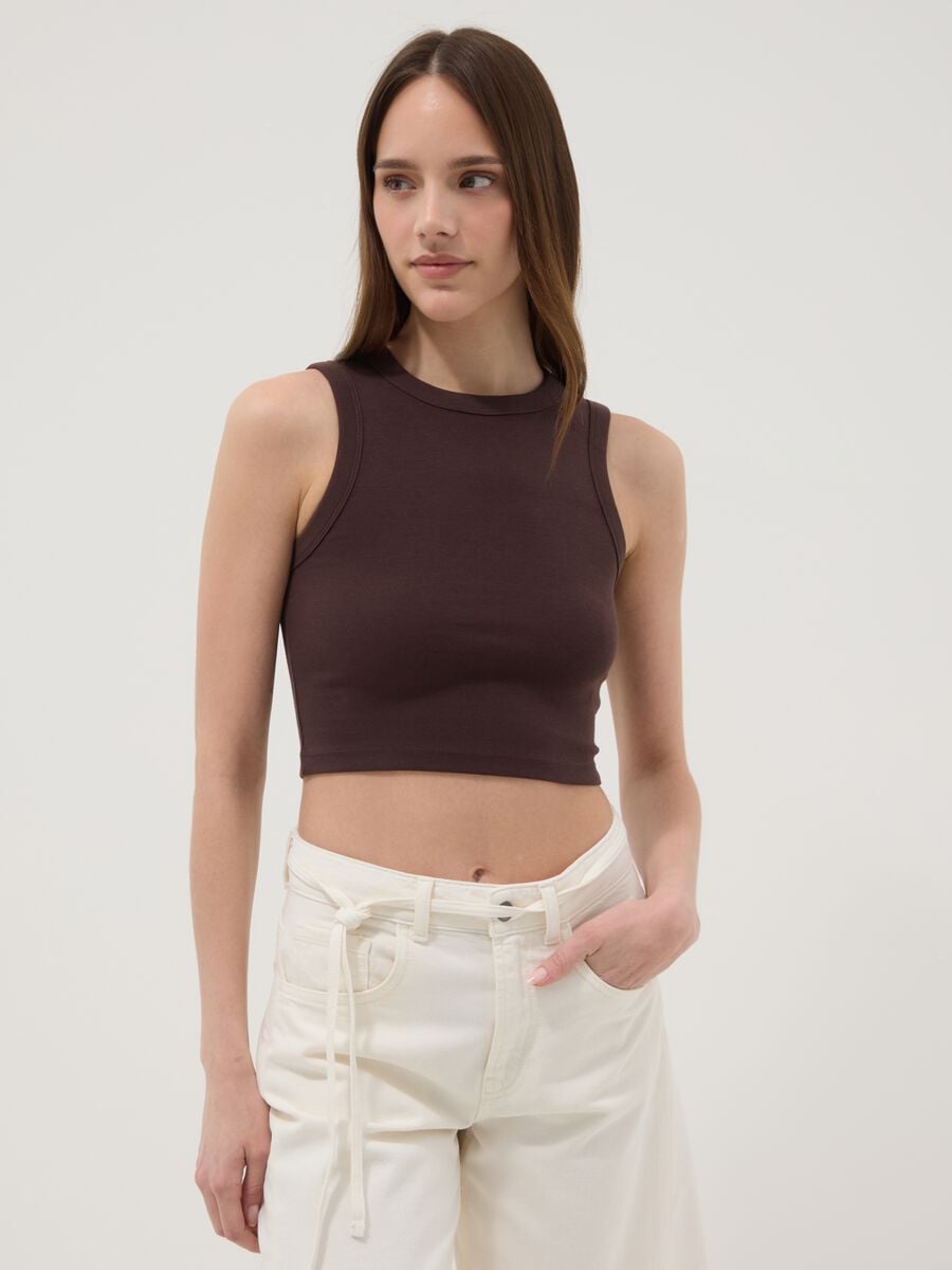 Brown cotton-stretch cropped tank top_1