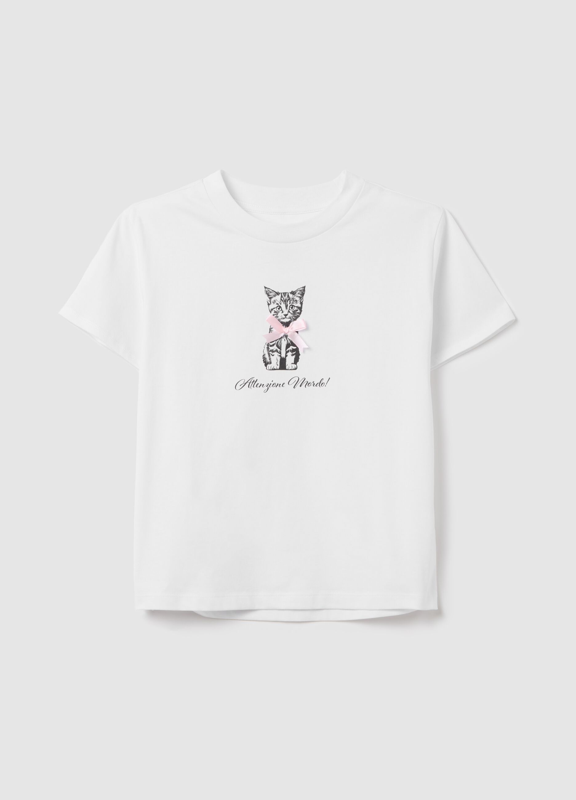 T-shirt bianca in cotone con stampa gattino "Attenzione mordo!"