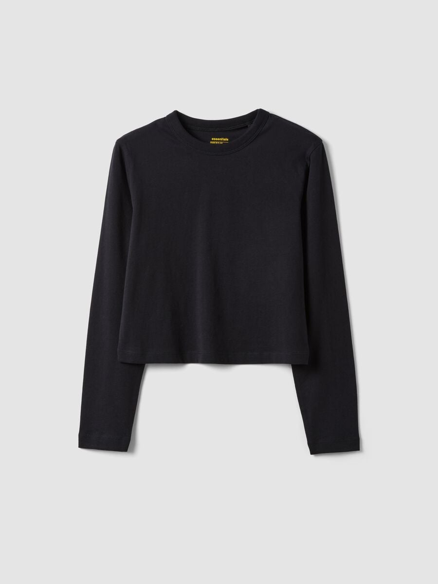 T-shirt nera in puro cotone con collo a costine per ragazza_4