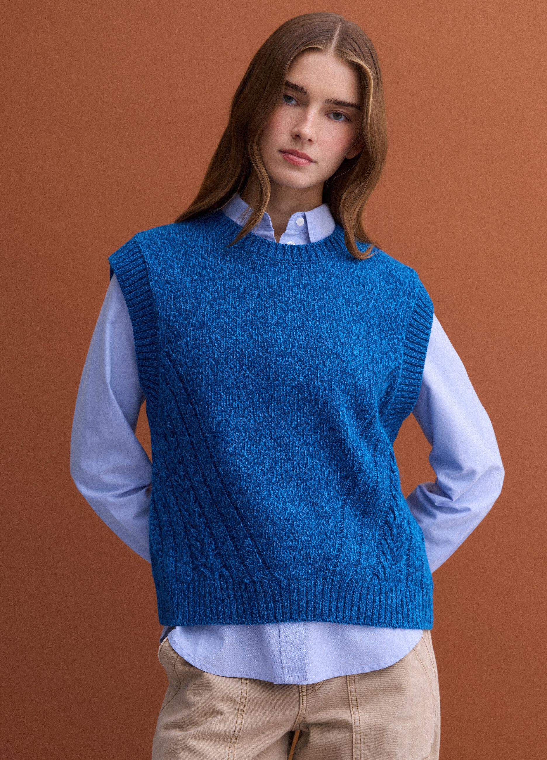 Blue wool-blend crew-neck vest with oversized fit
