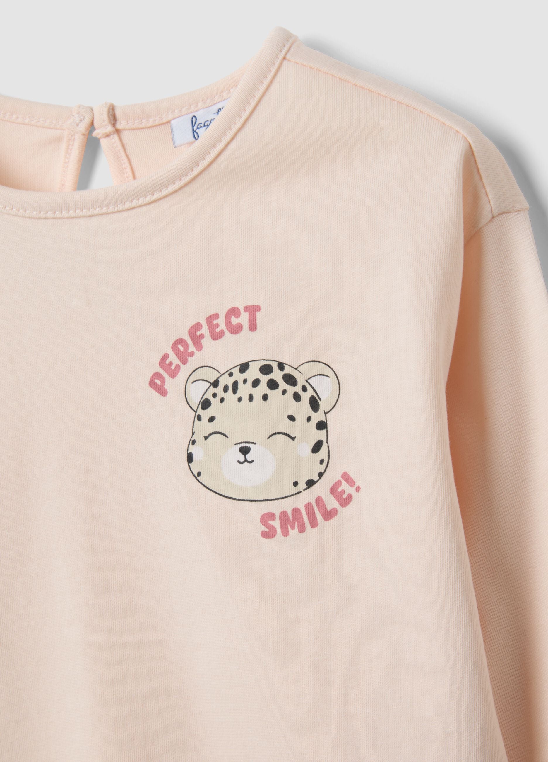 Orange organic cotton T-shirt with leopard print for baby girl