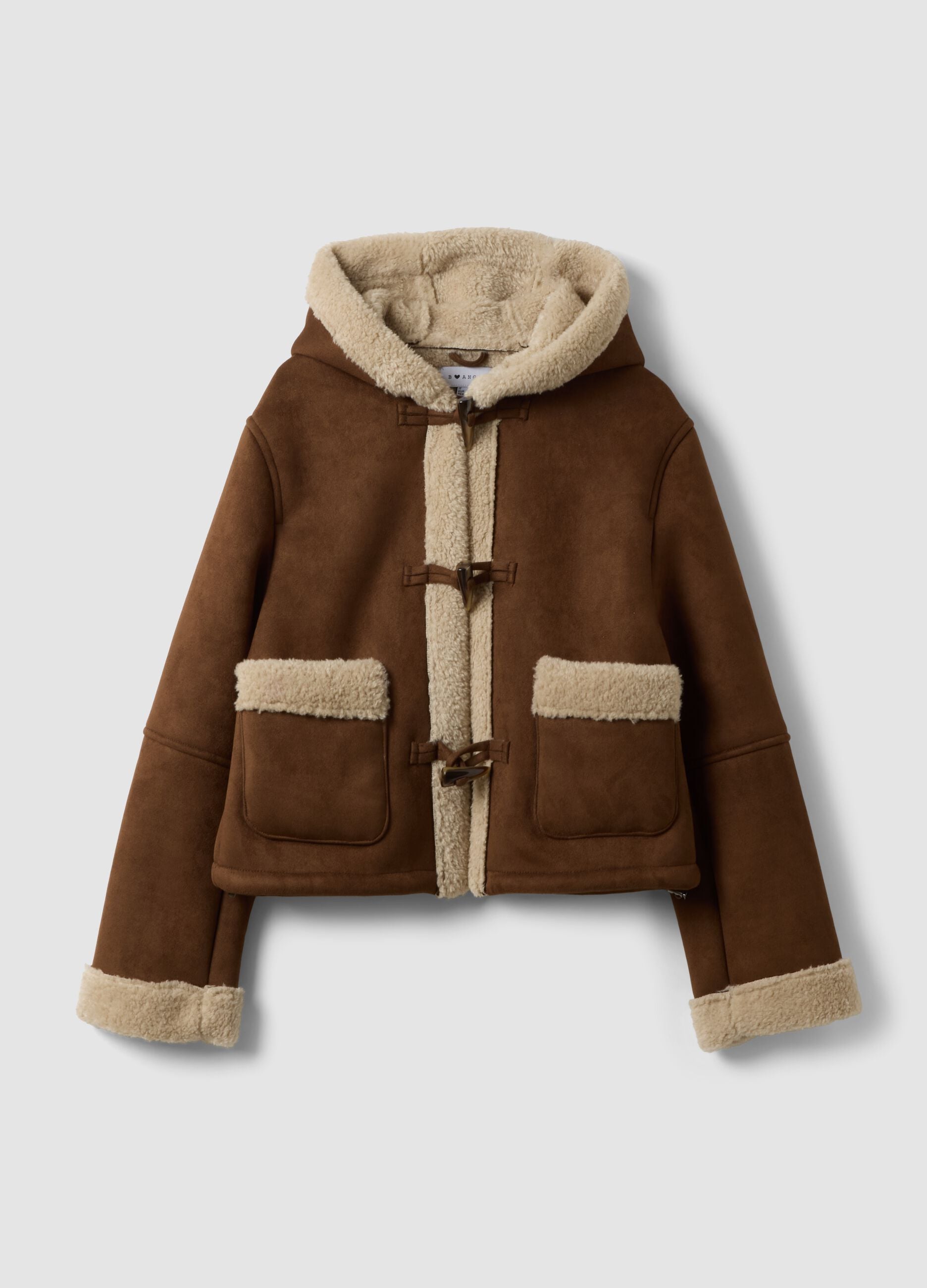 Brown stretch-fabric shacket with hood