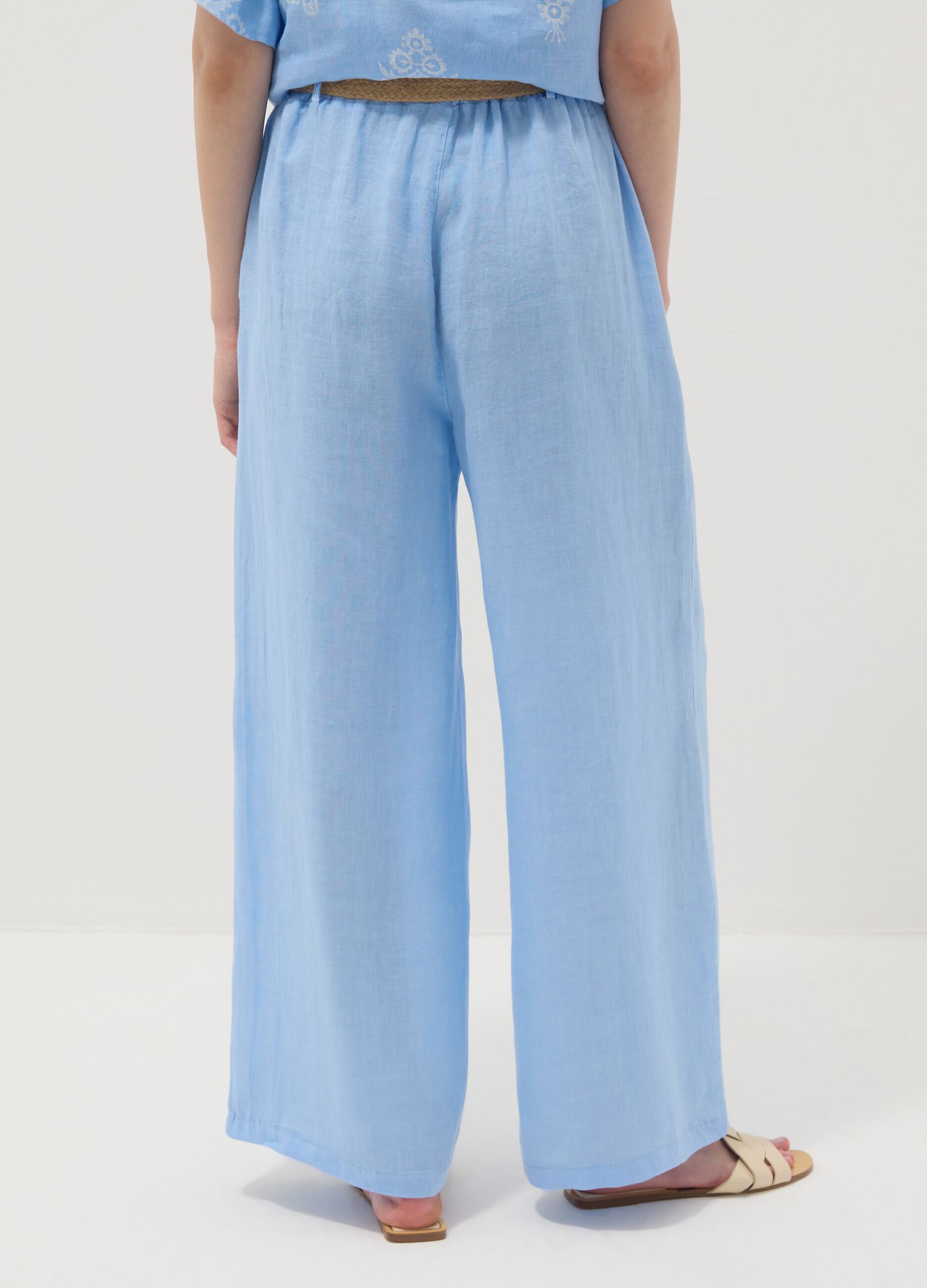 Sky-blue pure linen wide-leg trousers with elasticated waist