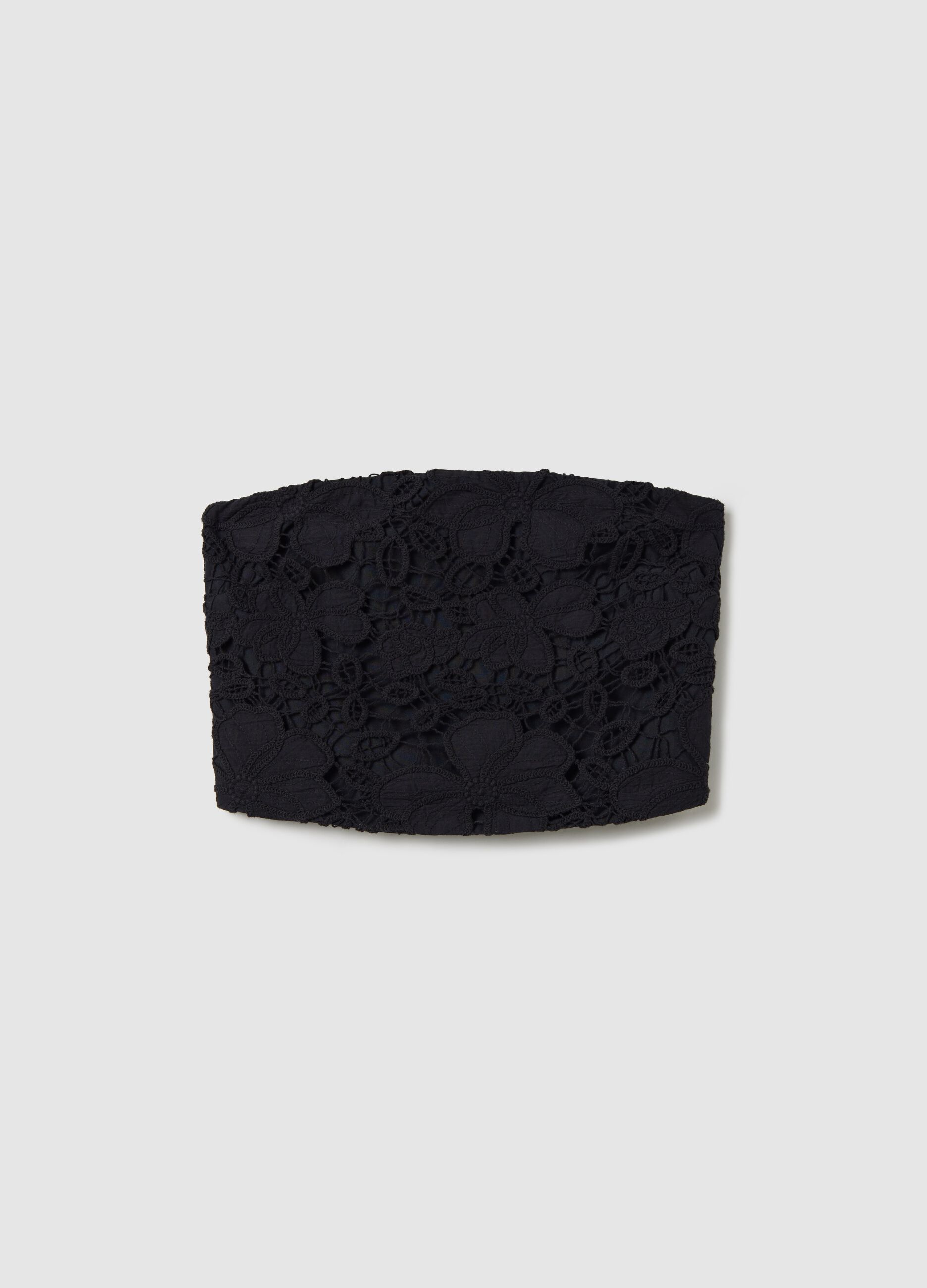 Crop top a fascia in pizzo nero