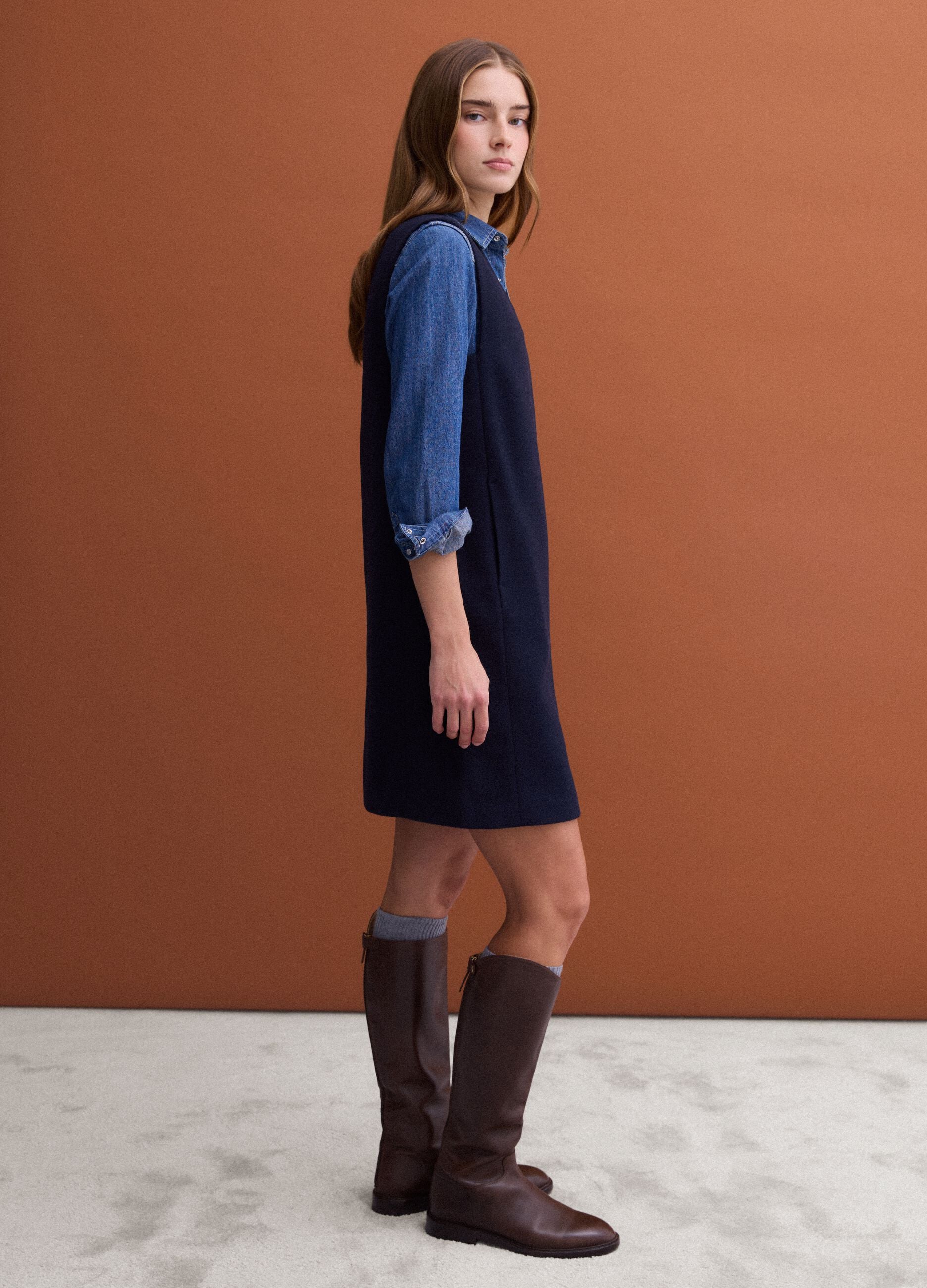 Blue sleeveless wool-blend dress, regular fit
