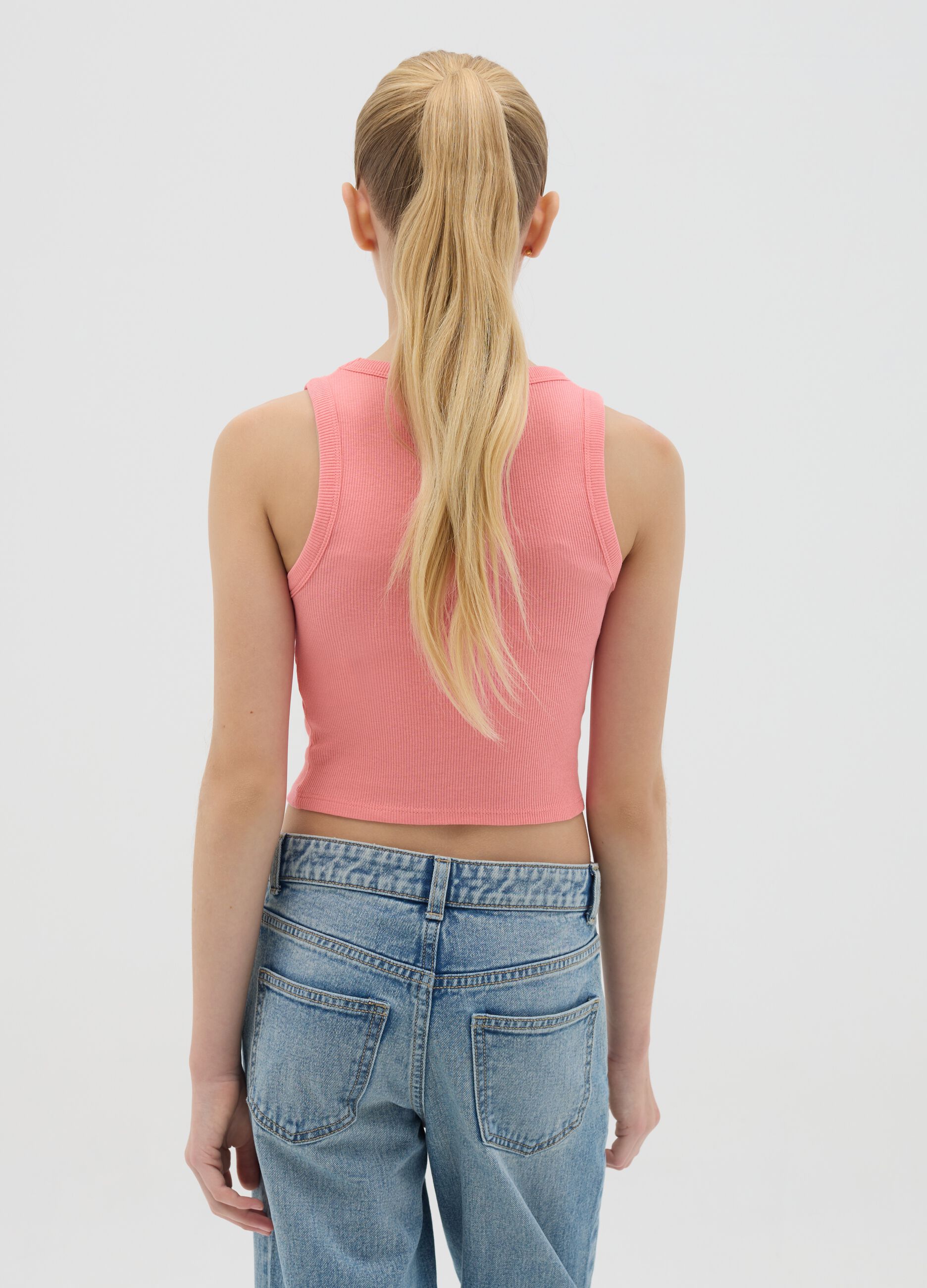 Pink ribbed stretch cotton tank top with print