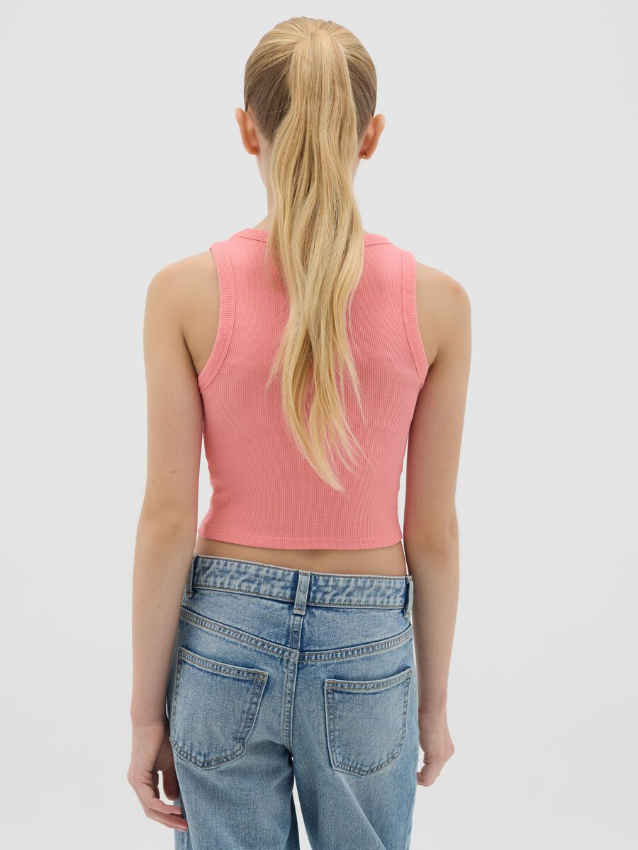 Tank top rosa in cotone stretch a costine con stampa_2