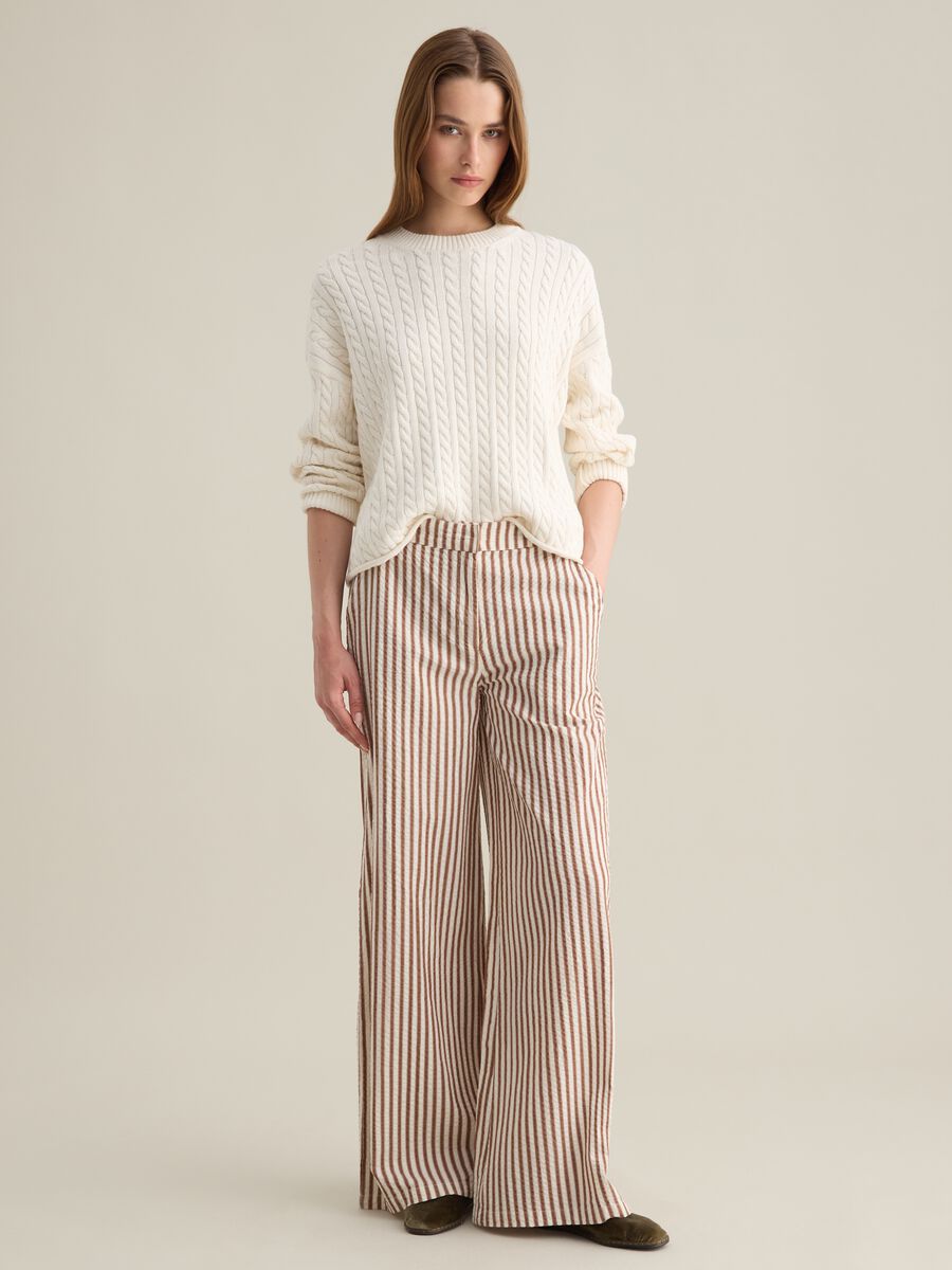 Striped Brown and White Cotton Palazzo Trousers_1