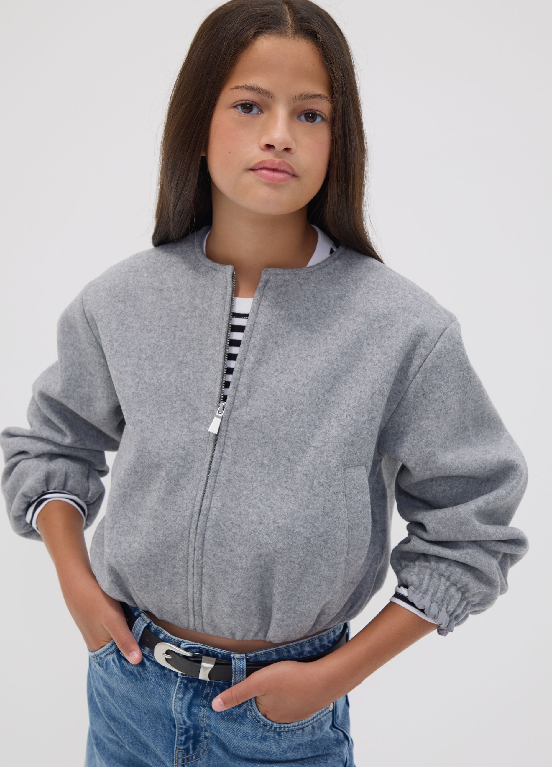 Girls&rsquo; grey regular-fit zip-up jacket