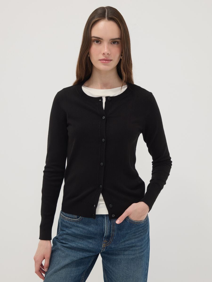Black crew neck cardigan, regular fit in jersey knit_0