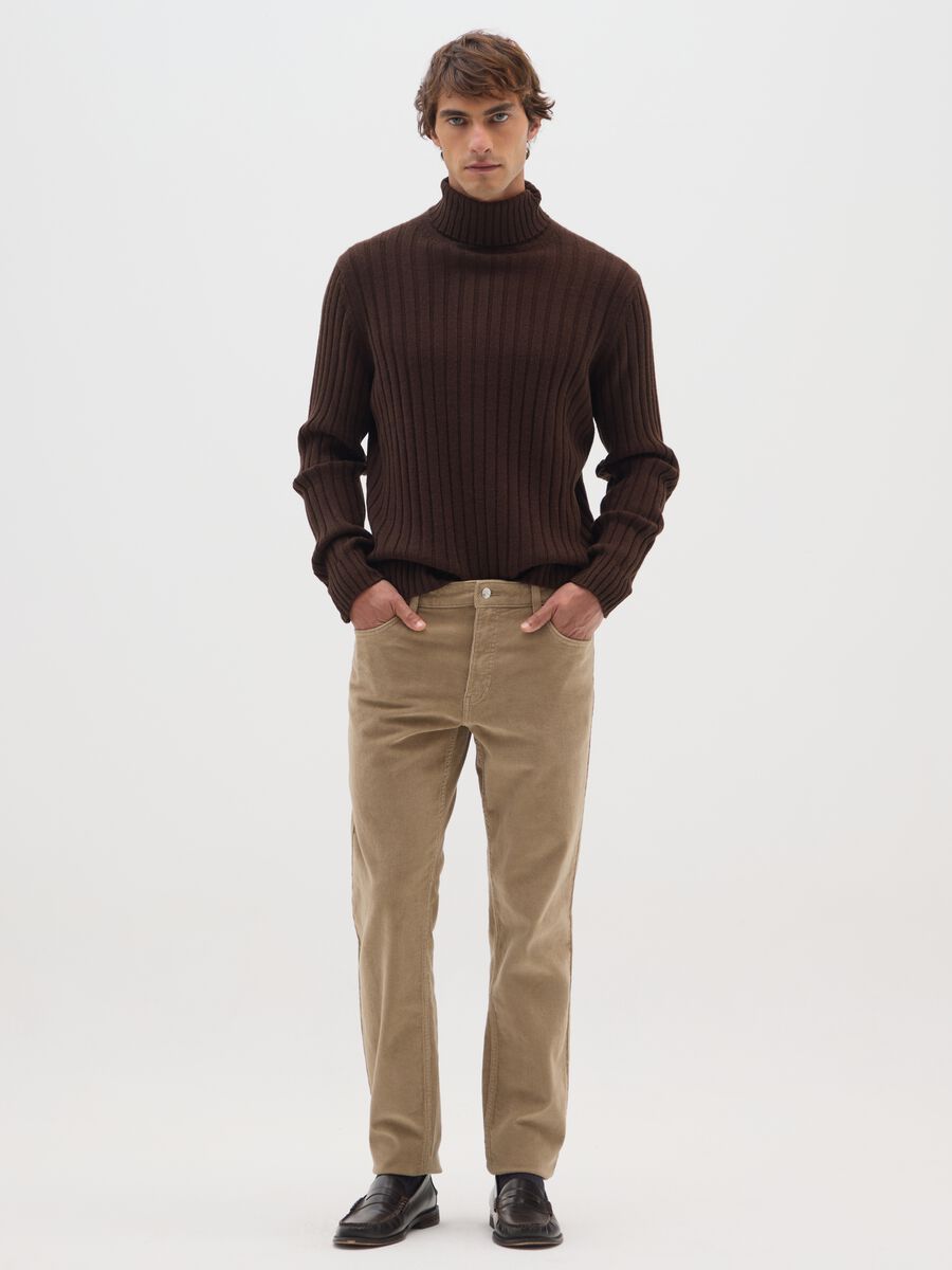 Beige stretch cotton ribbed slim fit trousers_0