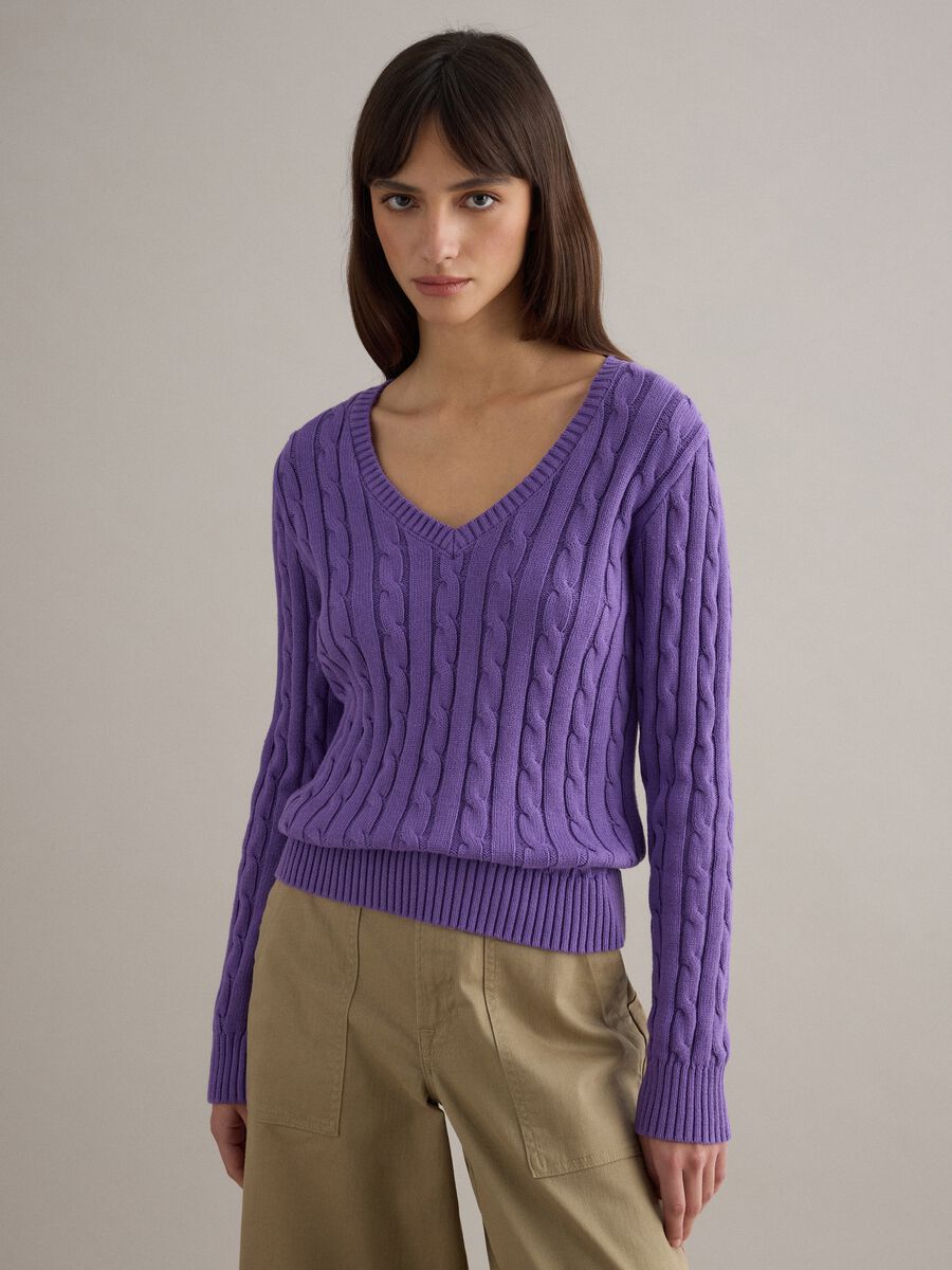 Purple pure cotton regular fit pullover with cable knit_1
