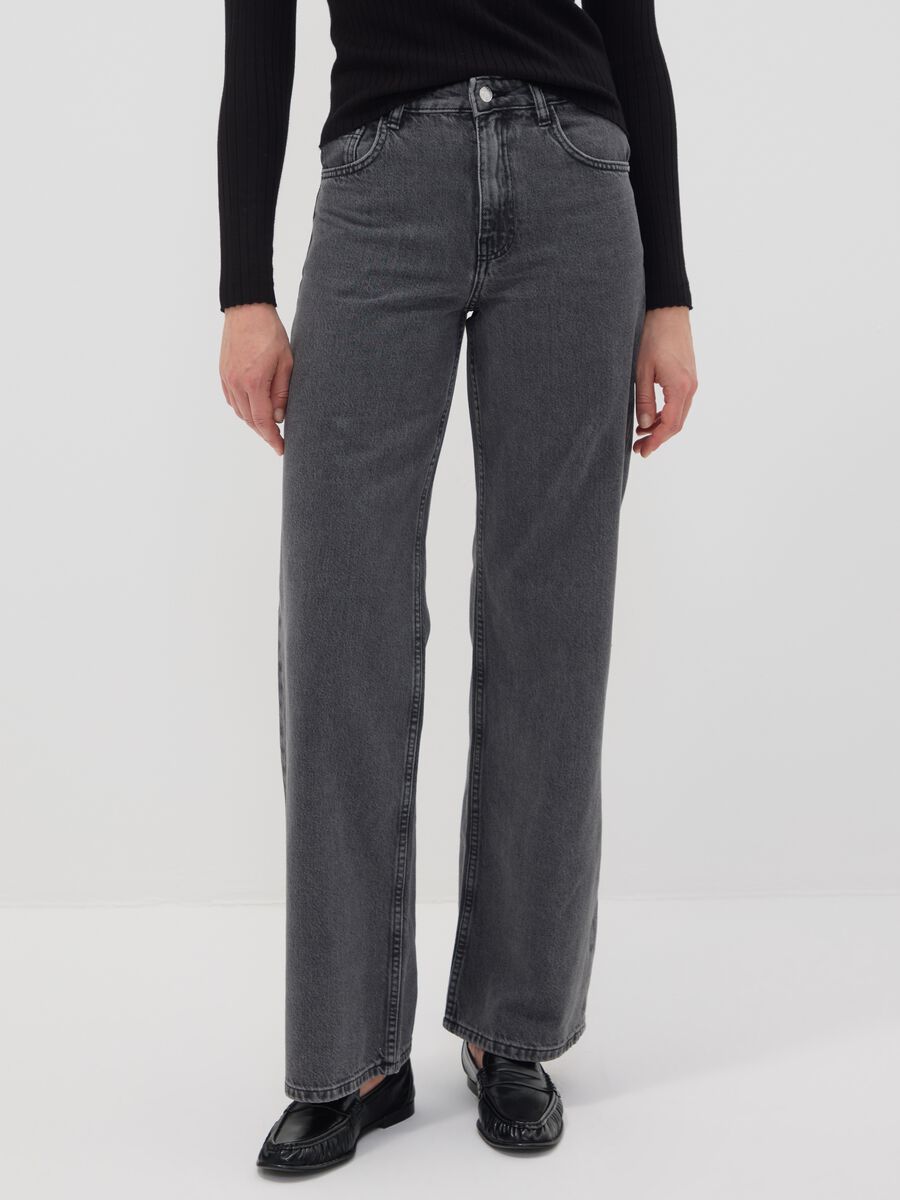 Grey pure cotton wide-leg high-waisted denim jeans_1