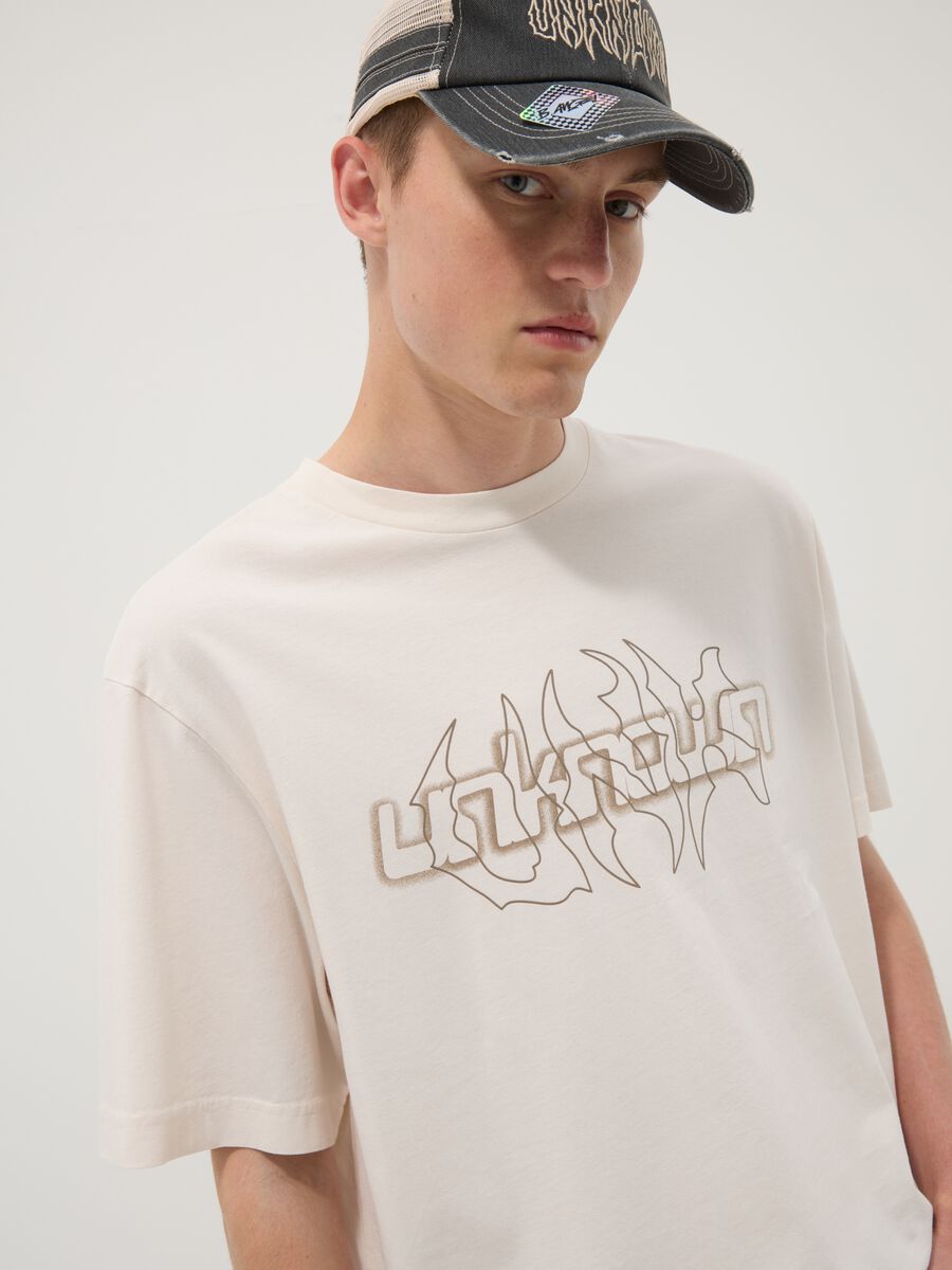 Beige pure cotton T-shirt with front print_0