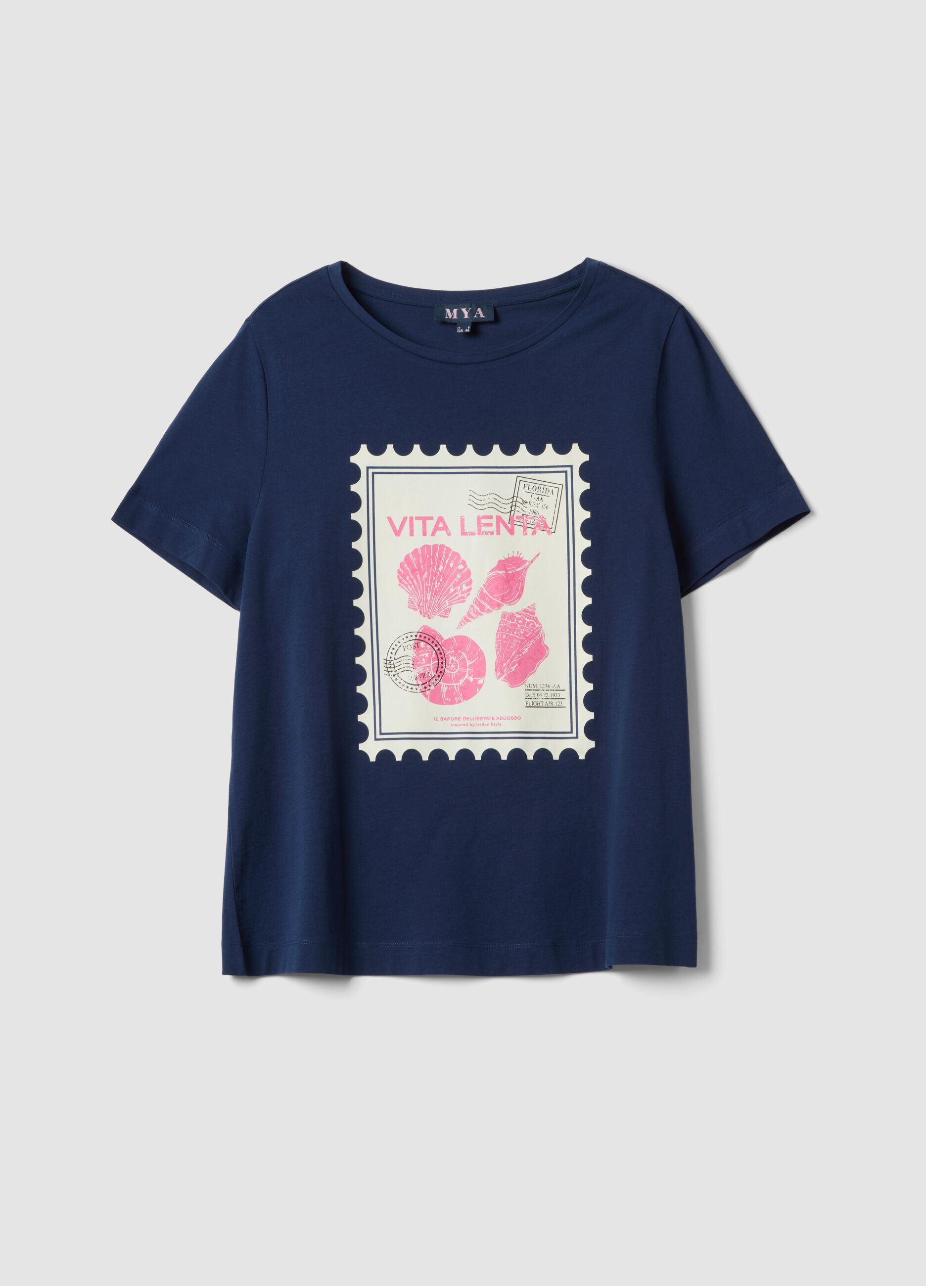 Blue pure cotton T-shirt with print, regular fit