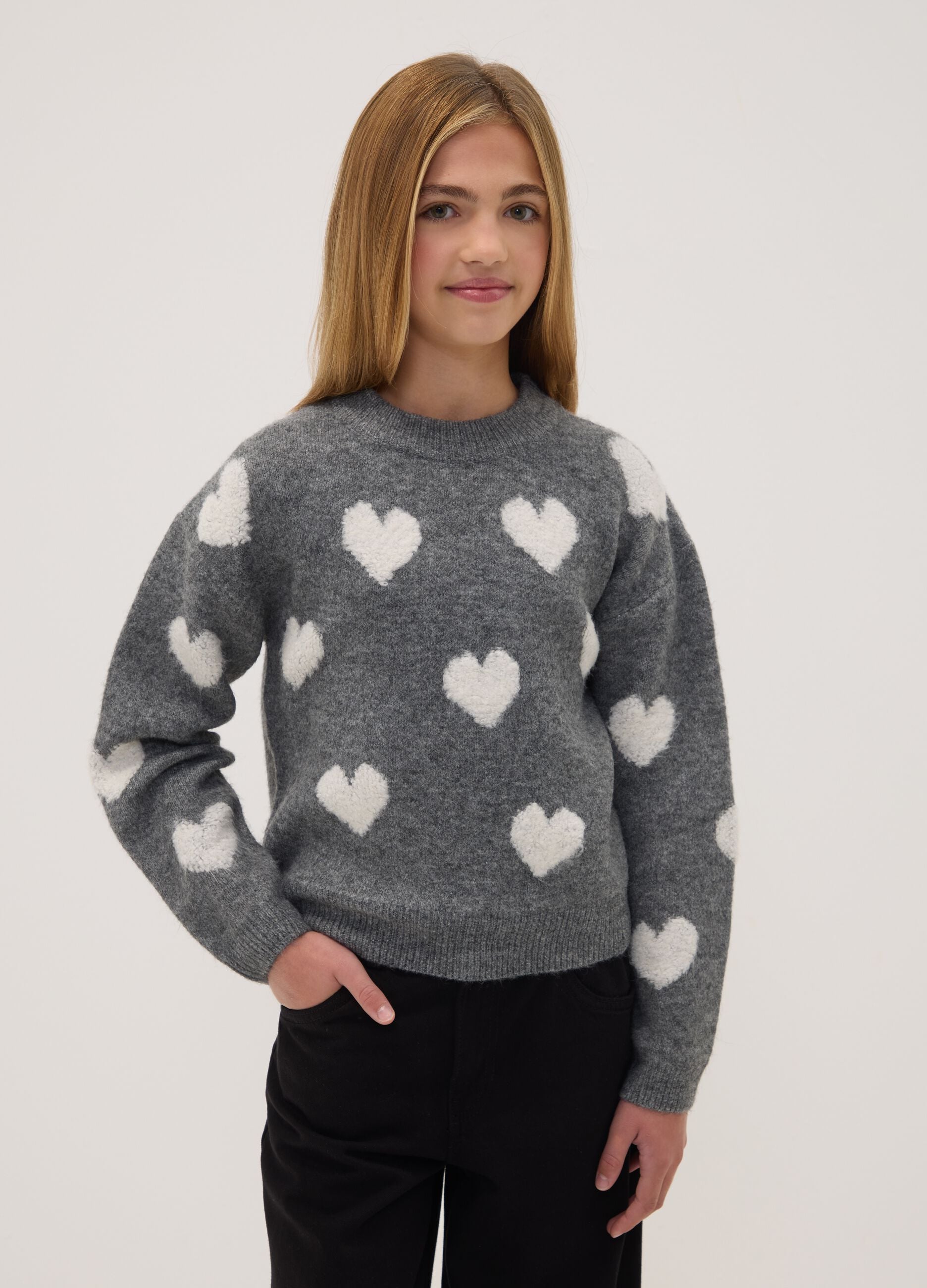 Maglia grigia melange in tessuto elasticizzato girocollo con cuori