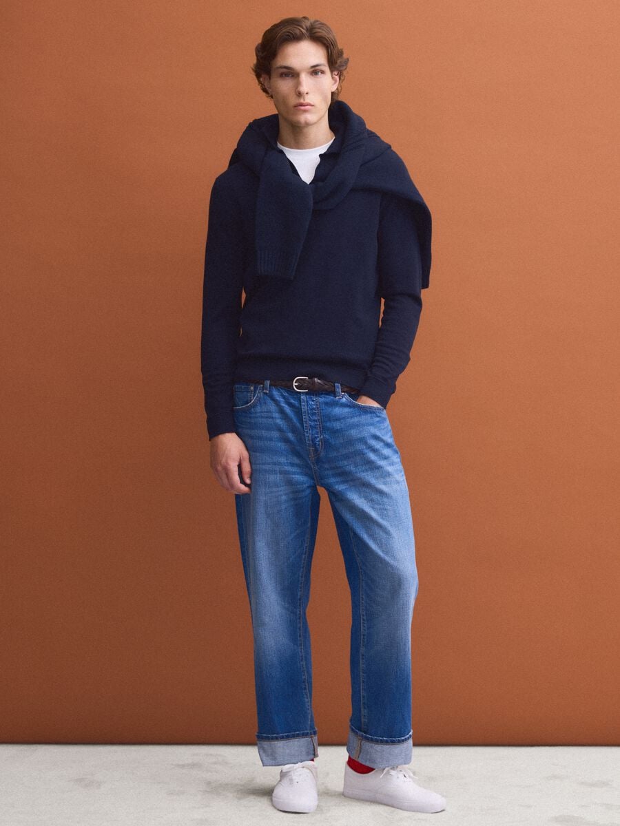 Polo blu in puro cotone a maniche lunghe_1