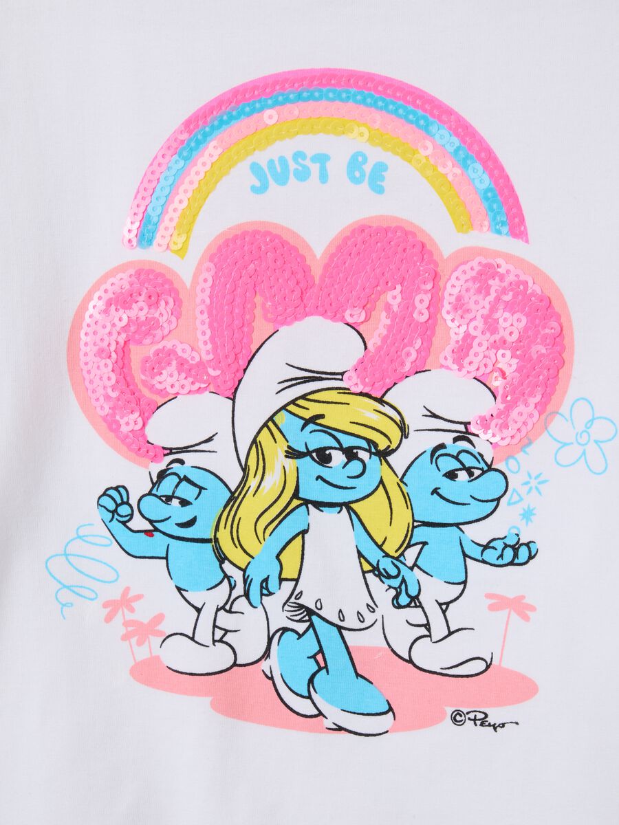 Girls' white stretch cotton t-shirt with Smurfs print_3