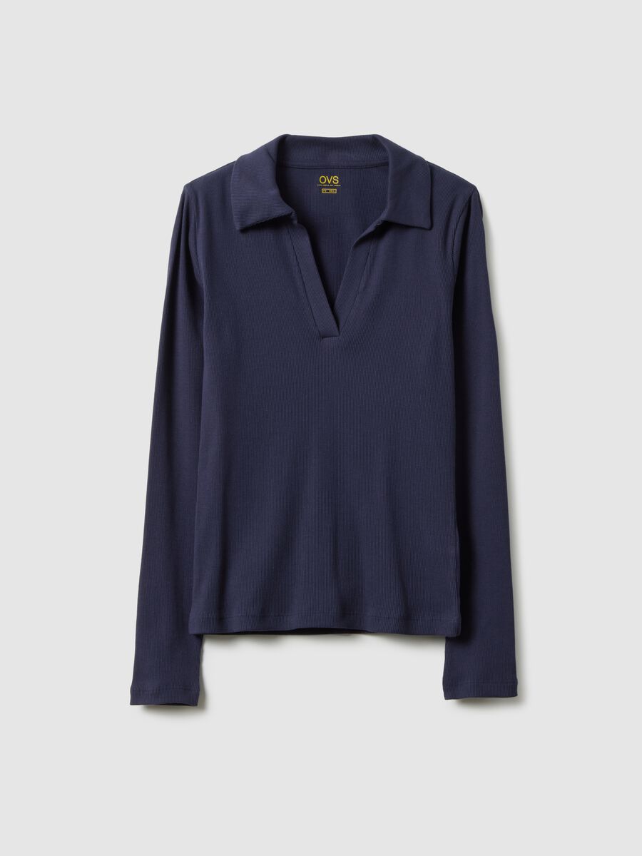 Blue long sleeve polo with V-neck in pure cotton regular fit_4