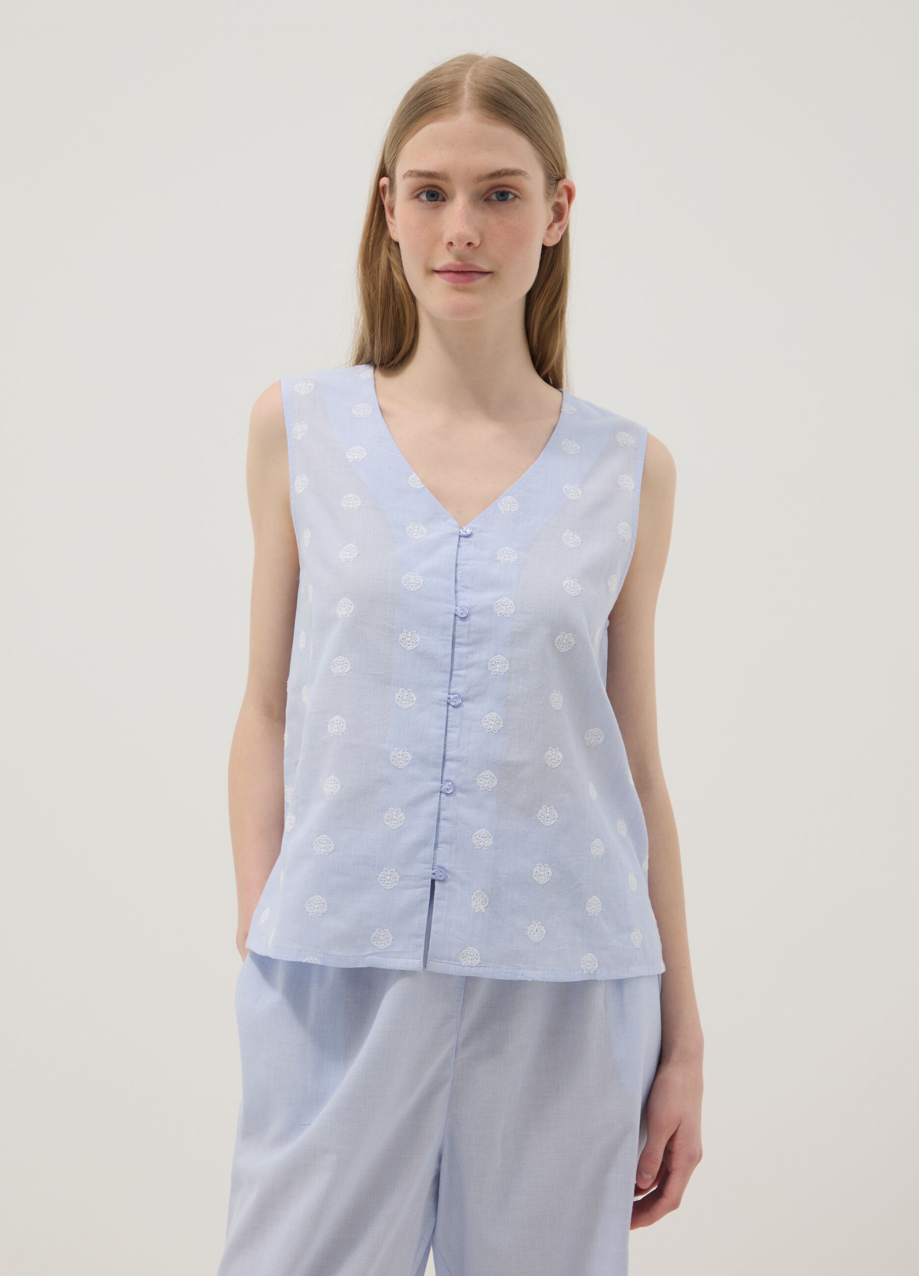 Light blue sleeveless pure cotton pyjama top with buttons