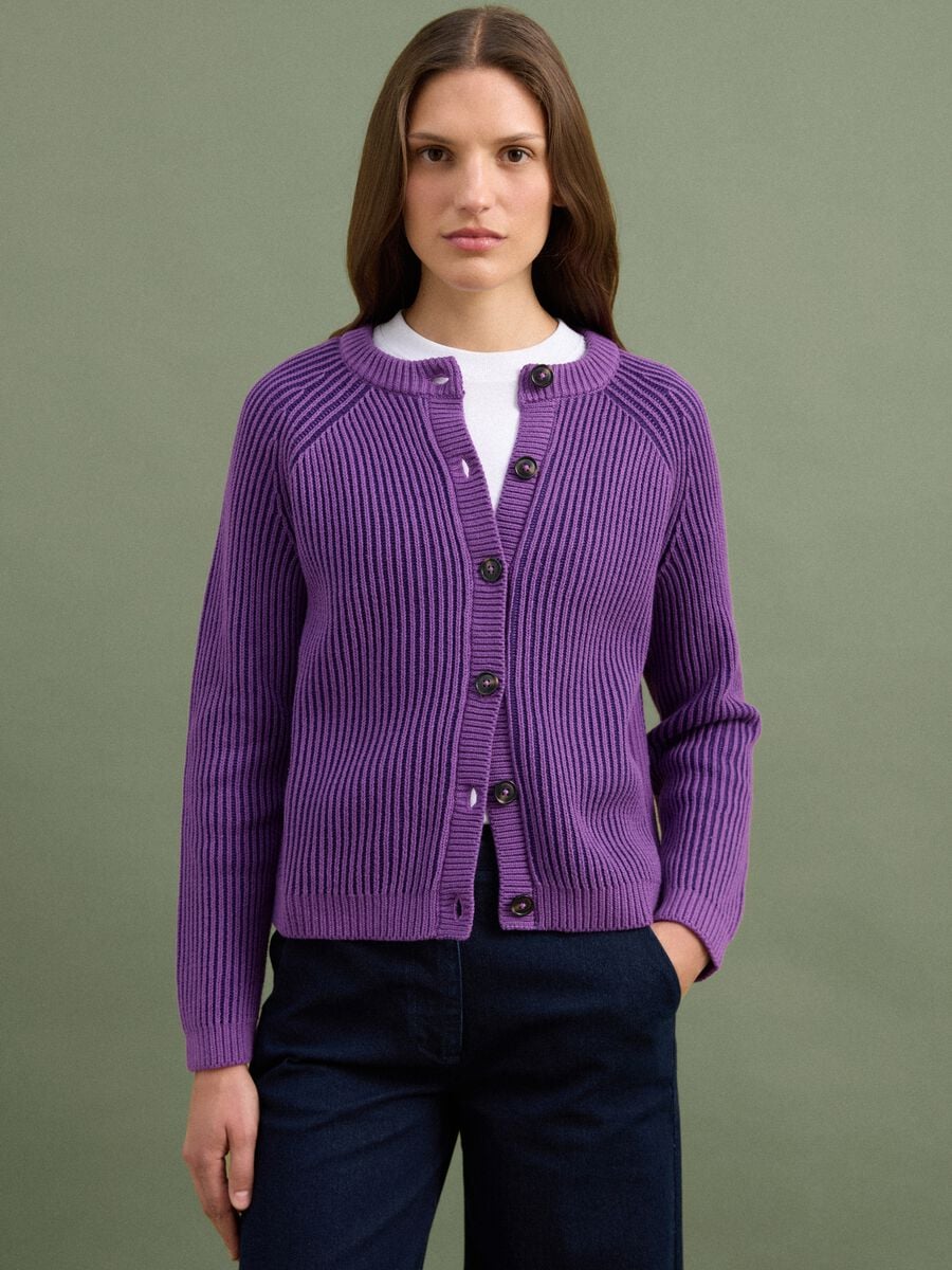 Cardigan viola in puro cotone a coste con girocollo_0