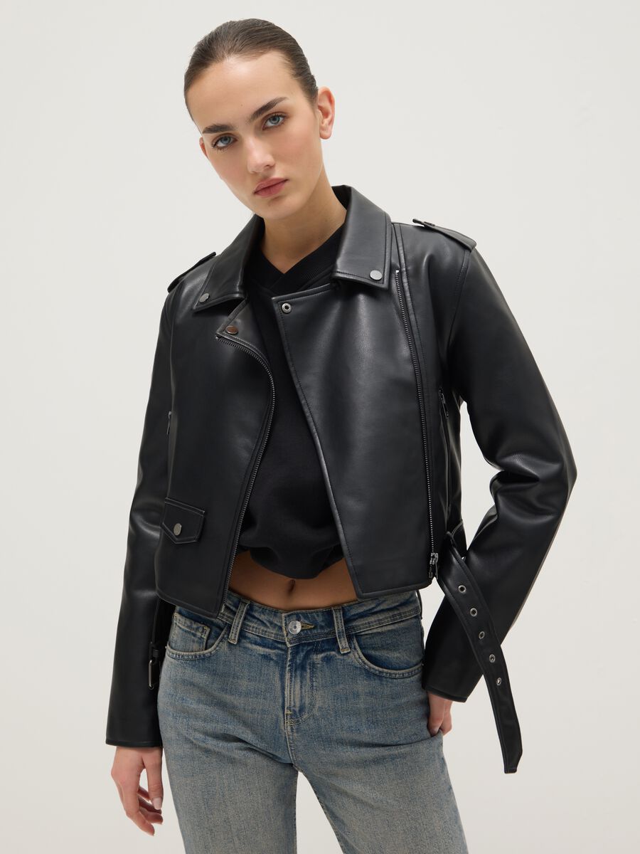 Black biker jacket regular fit with metallic details and diagonal zip_1