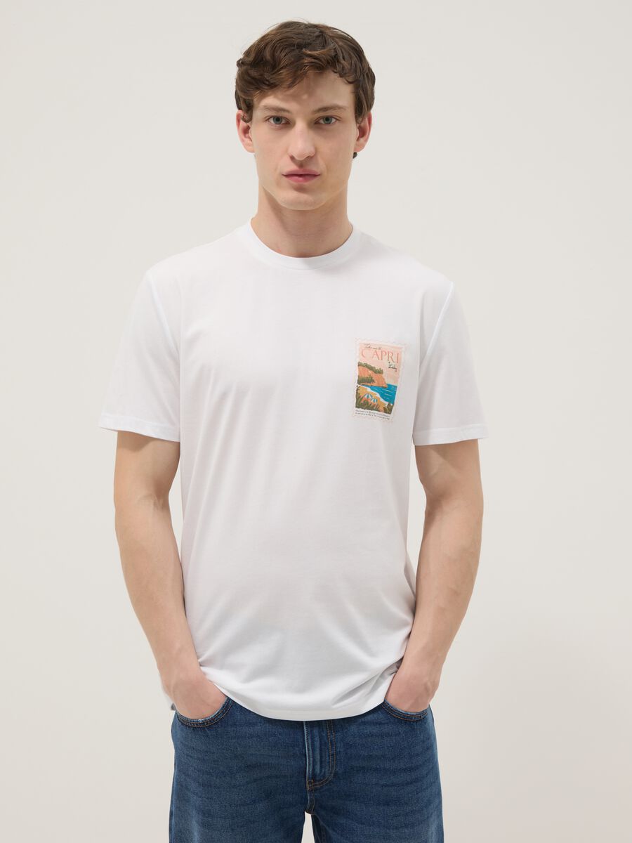 White pure cotton T-shirt with applied print, regular fit_0
