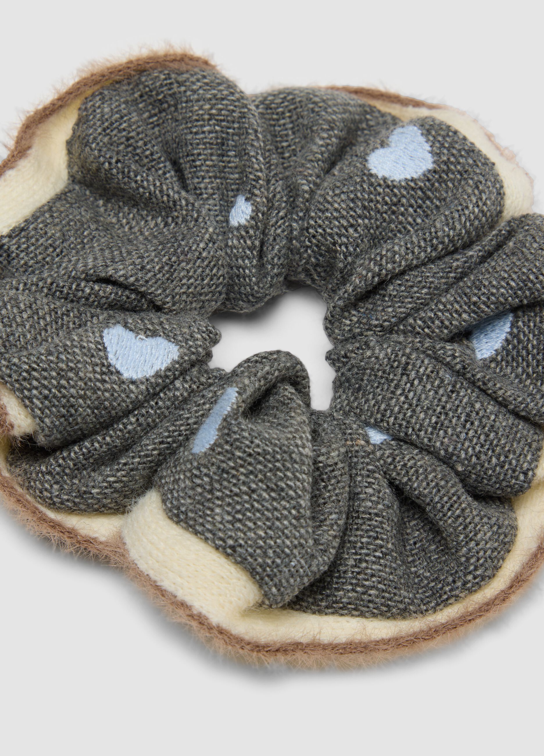 Grey scrunchie with light-blue hearts