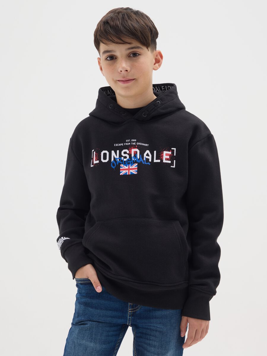 Felpa da bambino in misto cotone nera con cappuccio_0