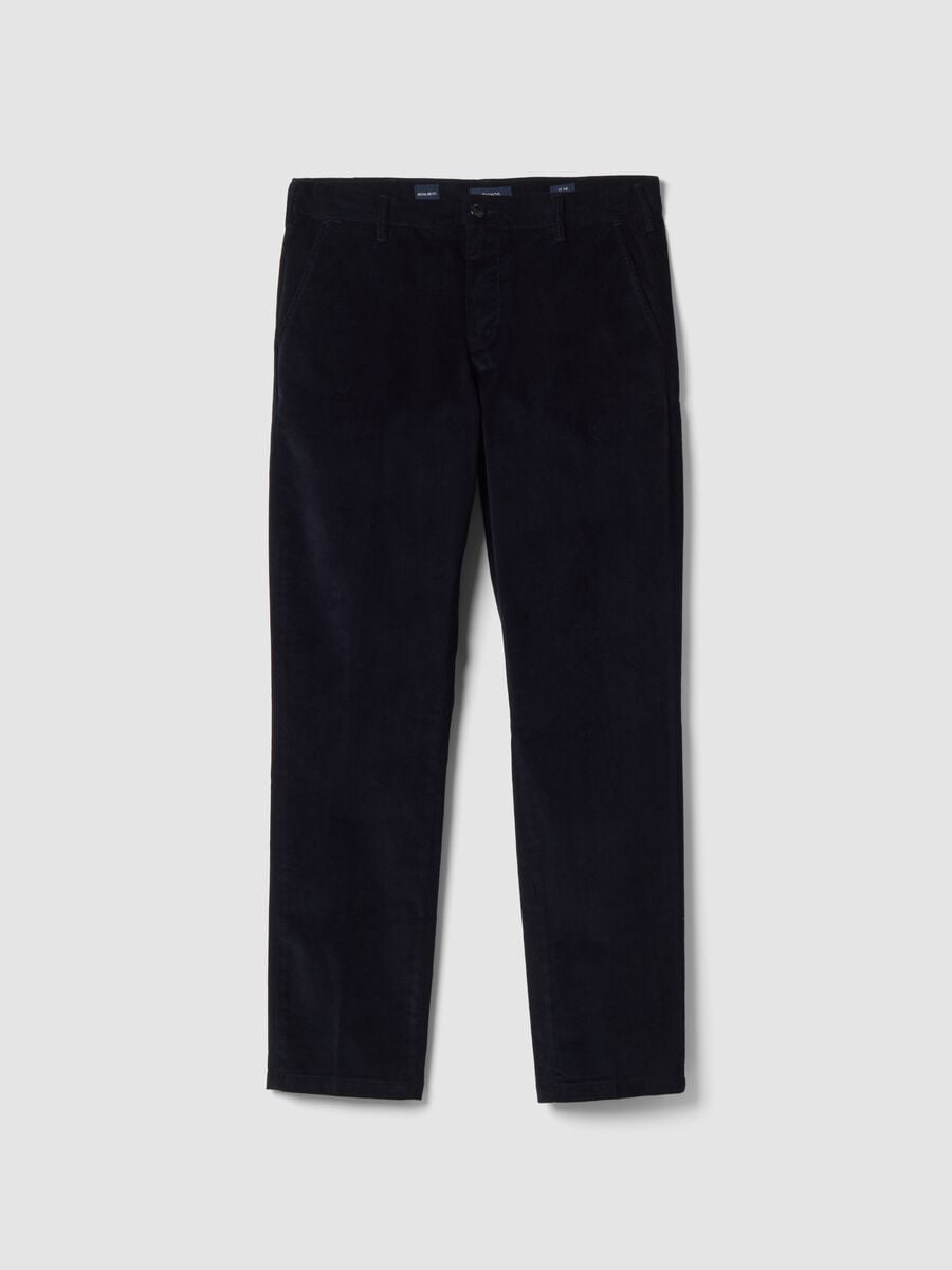 Pantaloni chino blu in cotone elasticizzato regular fit a costine_5