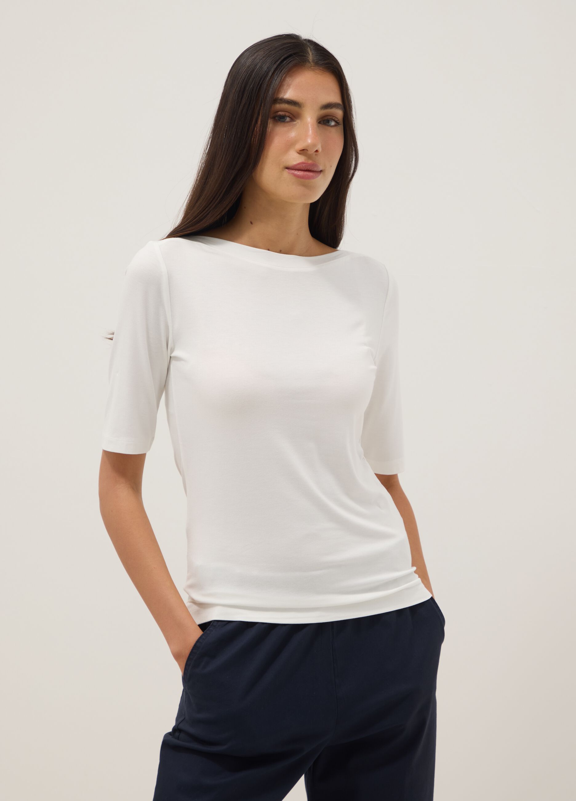 White stretch viscose regular fit boat neck t-shirt