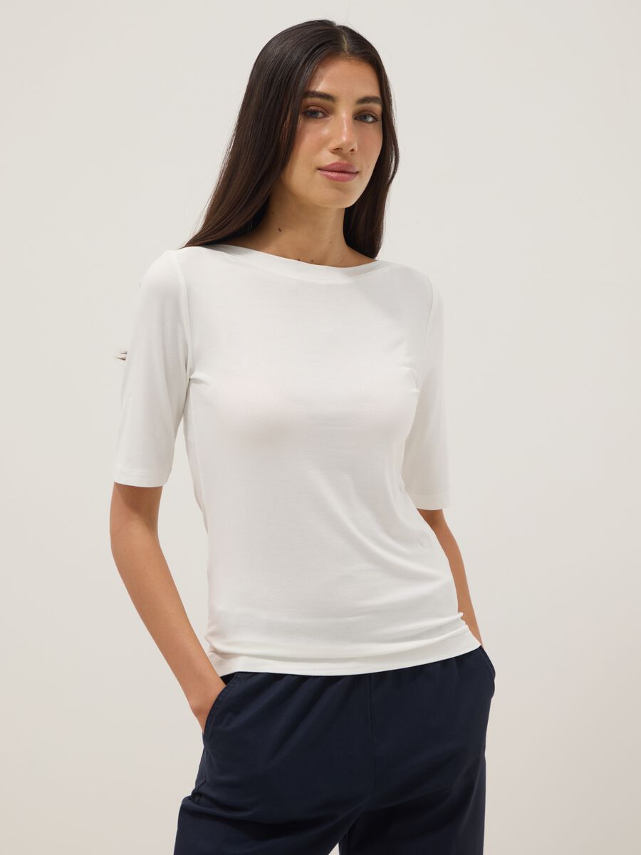White stretch viscose regular fit boat neck t-shirt_1