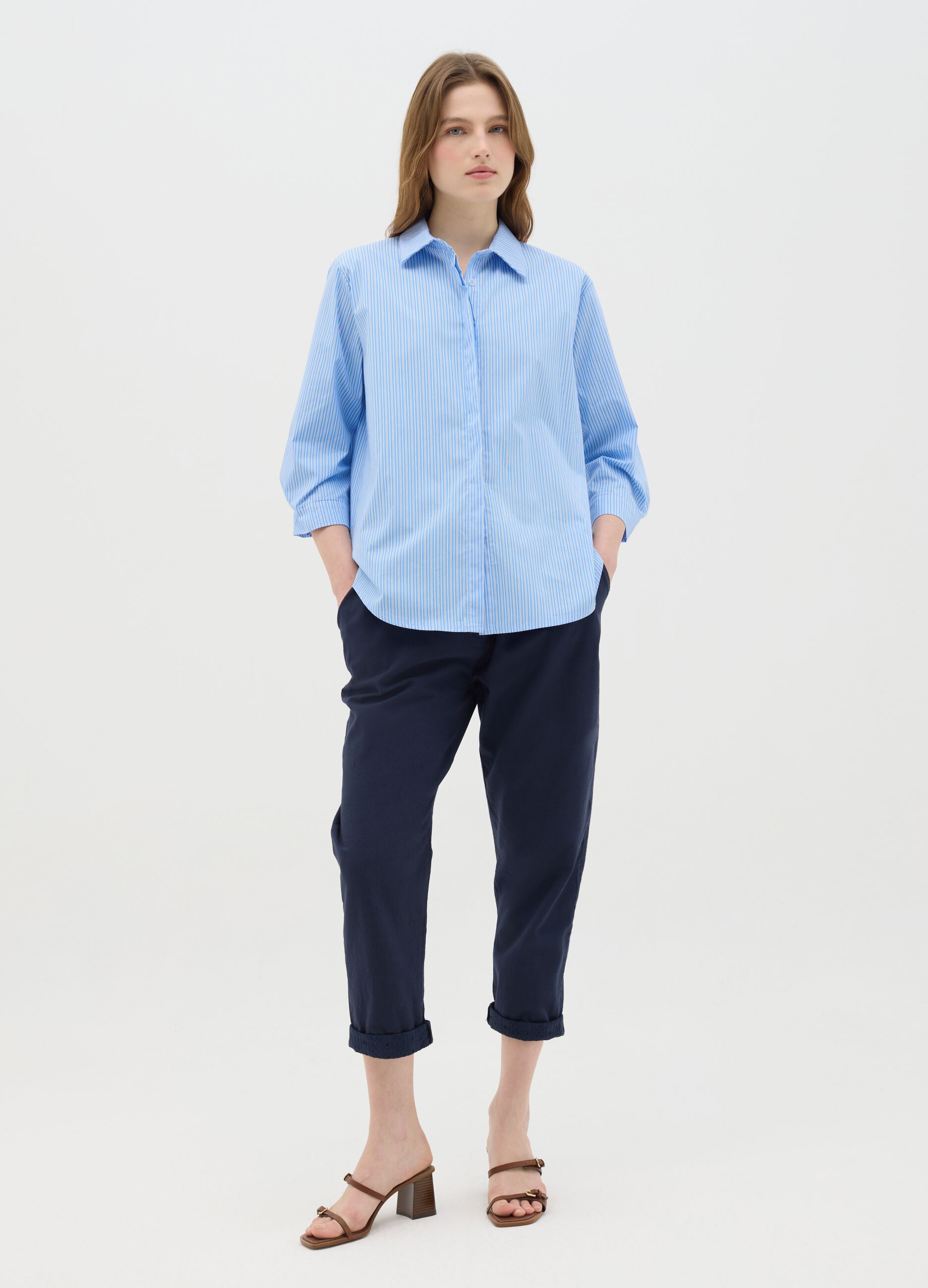 Casual Blue Linen and Cotton Trousers