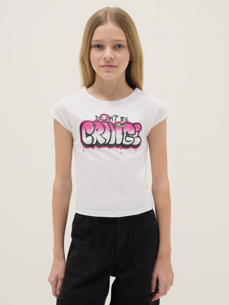 T-shirt in cotone elasticizzato bianca da ragazza slim fit con stampa_0