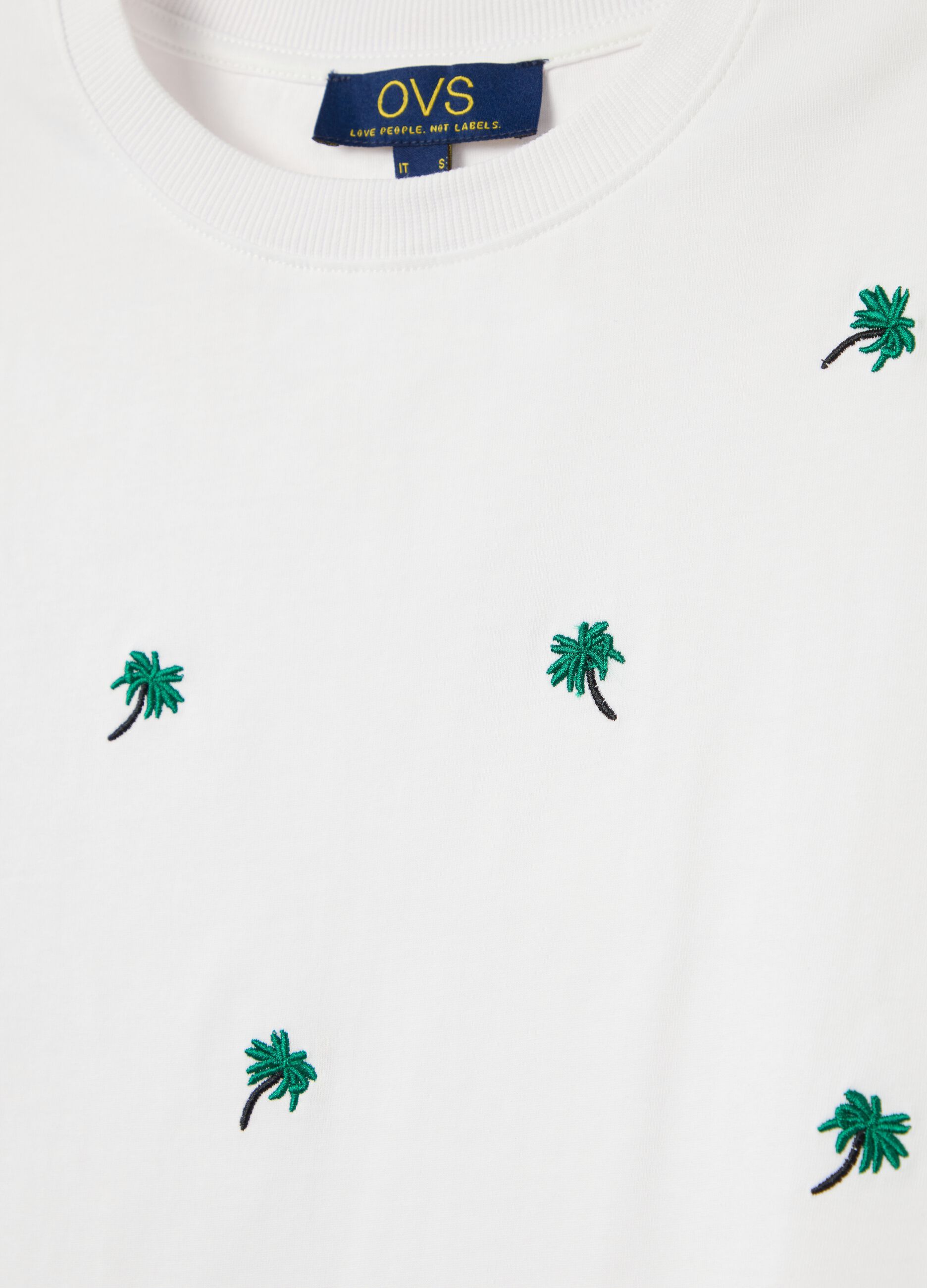 White cotton T-shirt with embroidered palm trees