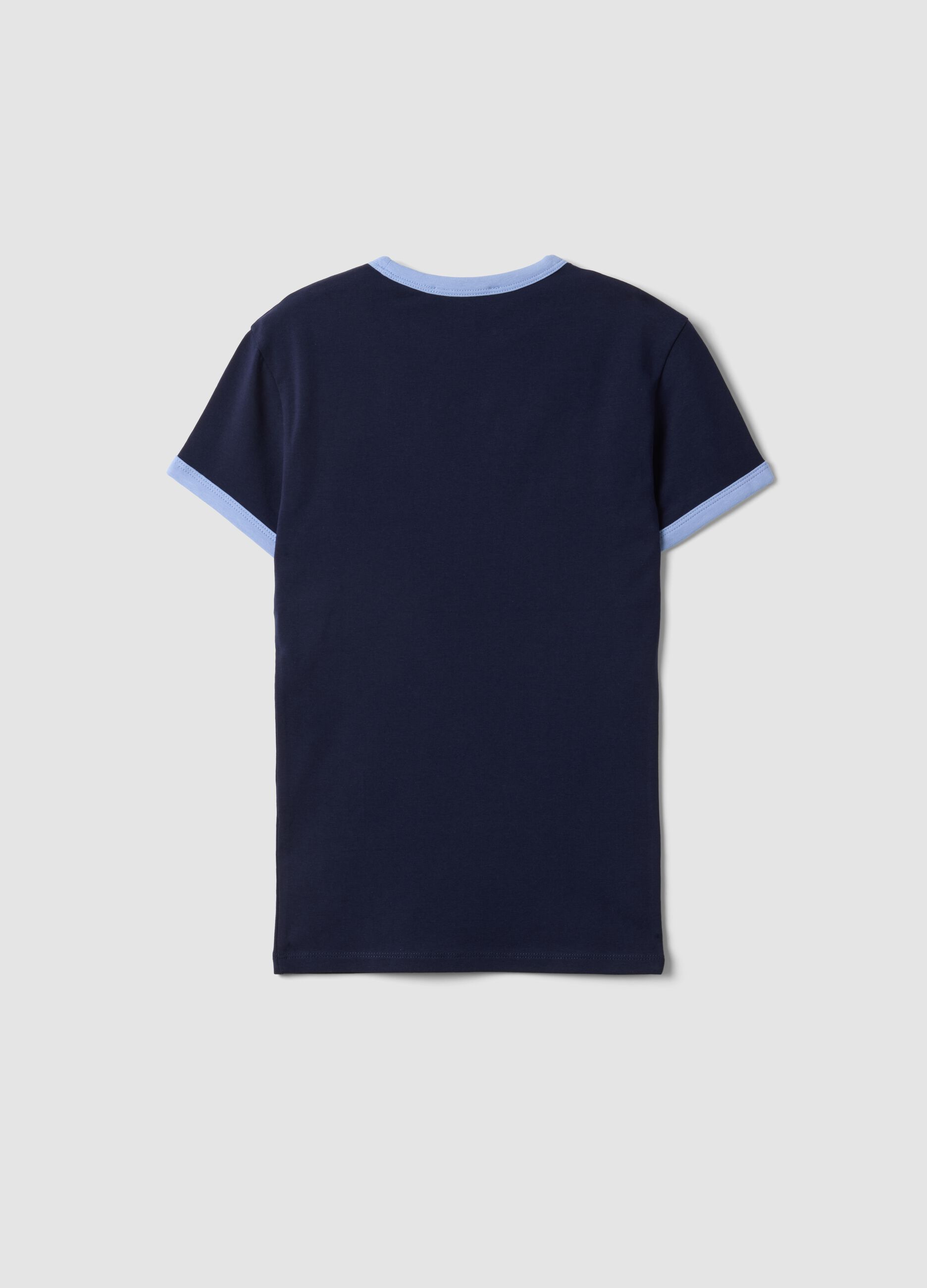 Blue stretch-cotton fitted T-shirt with contrast trims