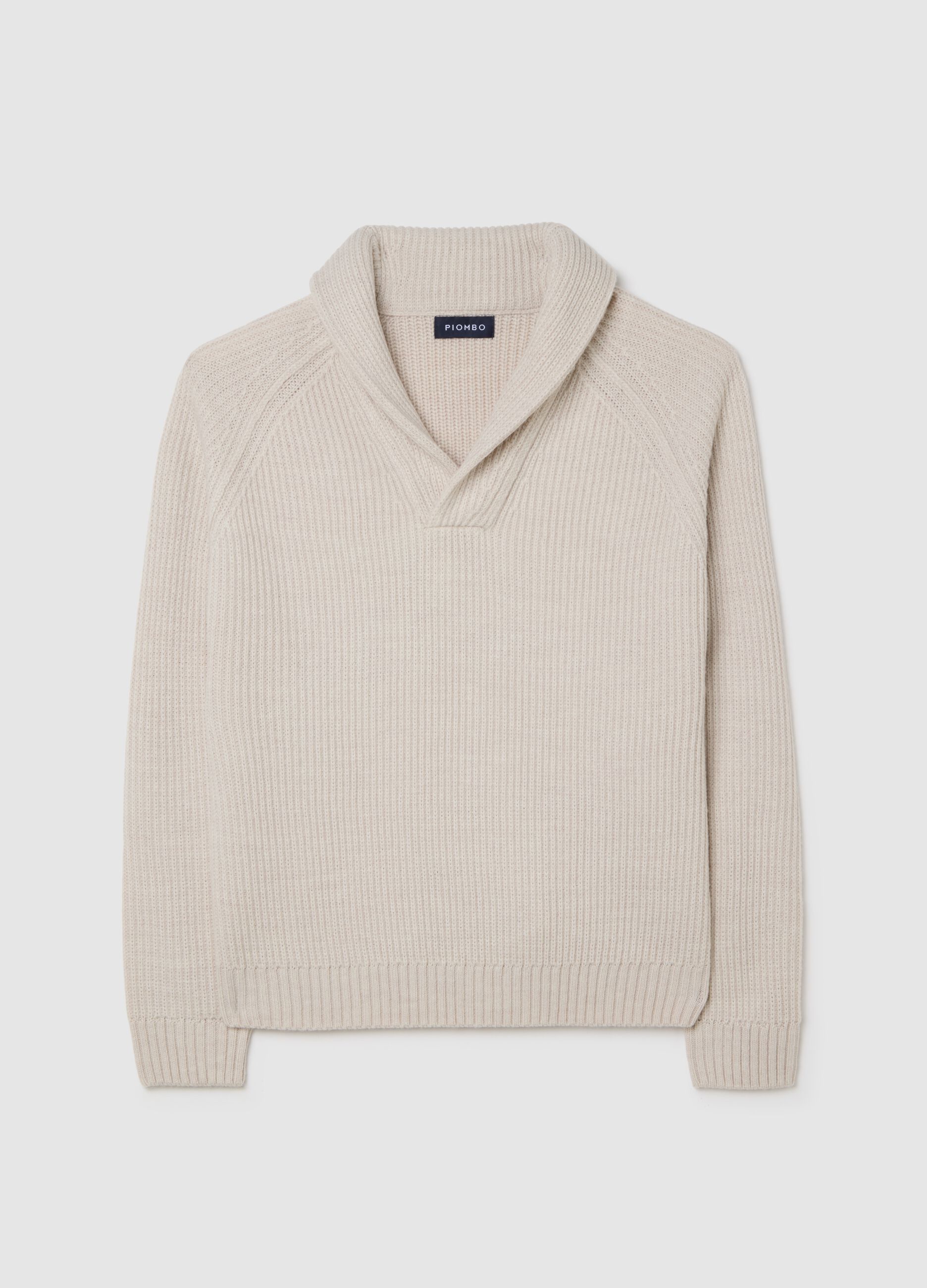 Beige Sweater with Shawl Collar in Wool Blend